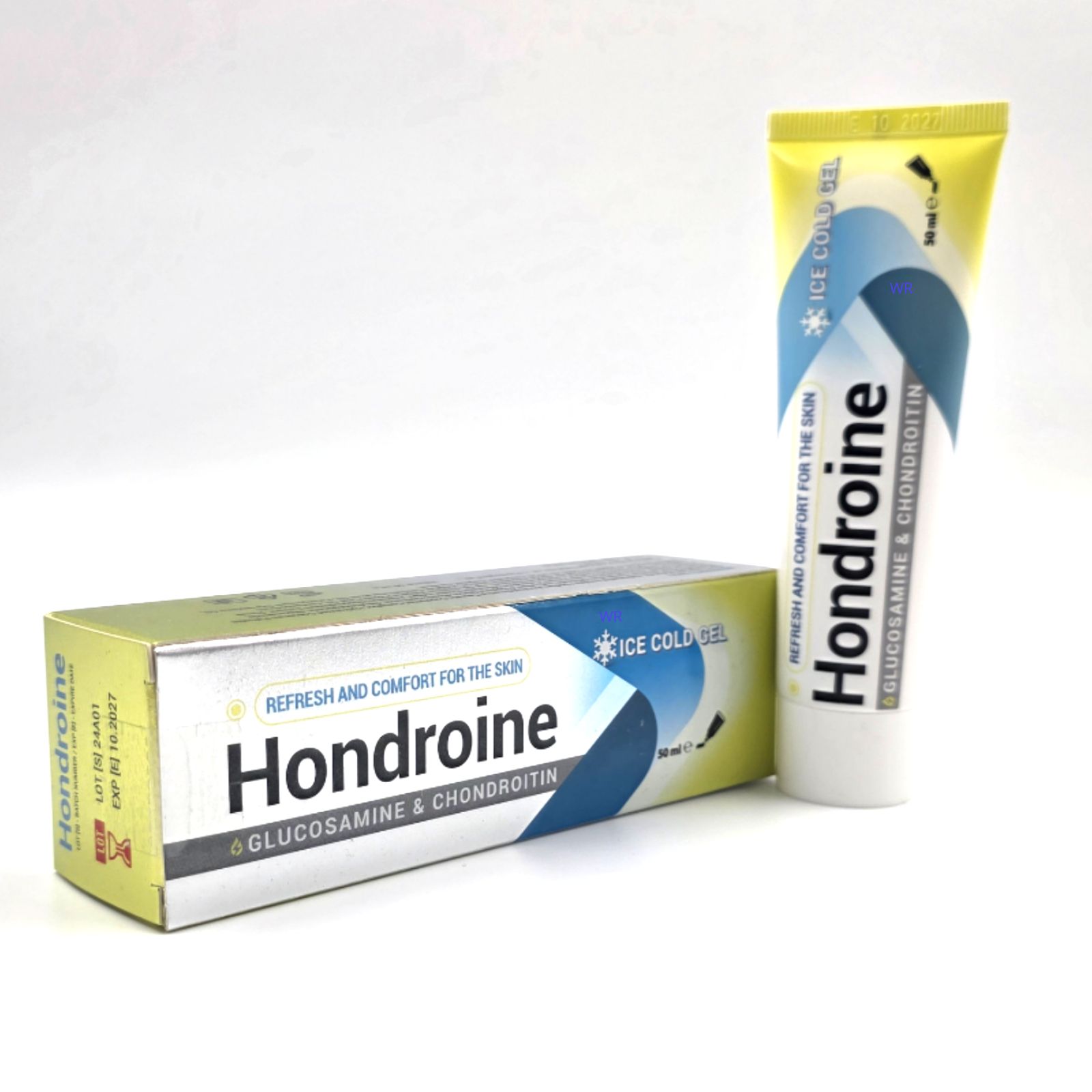 Hondroine Ice Cold Gel Tube und Schachtel. Aufschrift: Glucosamin & Chondroitin. Gelb, blau und weiß.