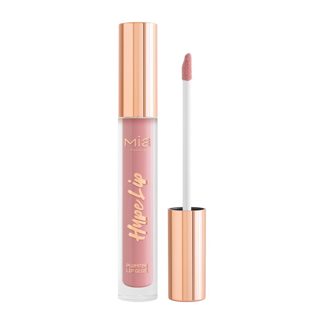 Tubo di lucidalabbra rosa con applicatore. Tappo dorato. Scritta "Hype Lip".