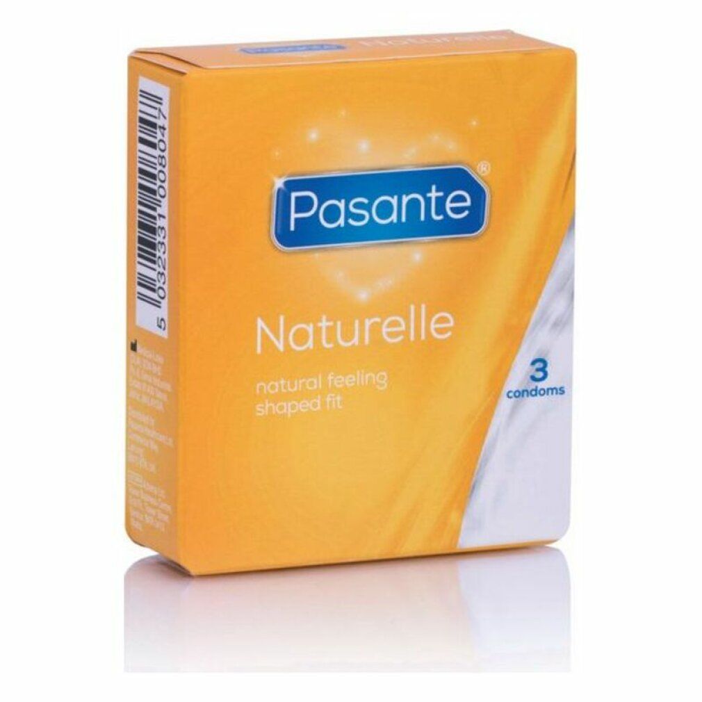 Gelbe Schachtel mit Pasante Naturelle Kondomen. Enthält 3 Kondome. Aufschrift: natural feeling shaped fit.
