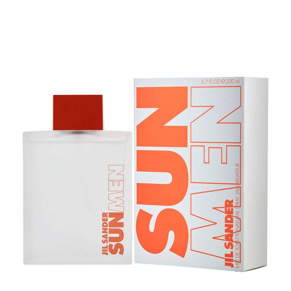 Flakon und Verpackung. Flakon rechteckig, Verschluss orange. Verpackung weiß mit SUN MEN-Schriftzug. Jil Sander-Logo.
