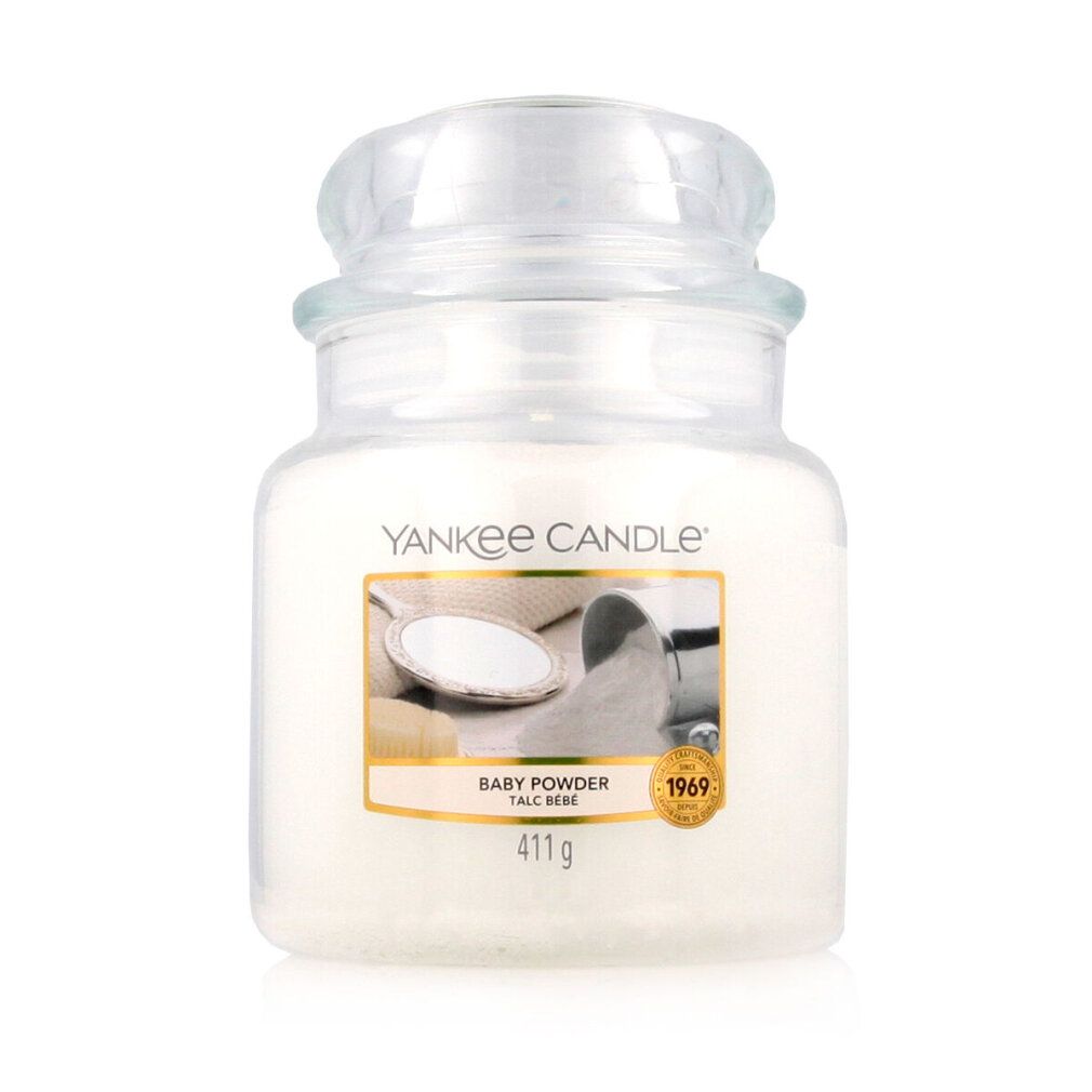 Yankee Candle Baby Powder Duftkerze im Glas mit Deckel. Etikett mit Produktbild. Gewicht: 411g.