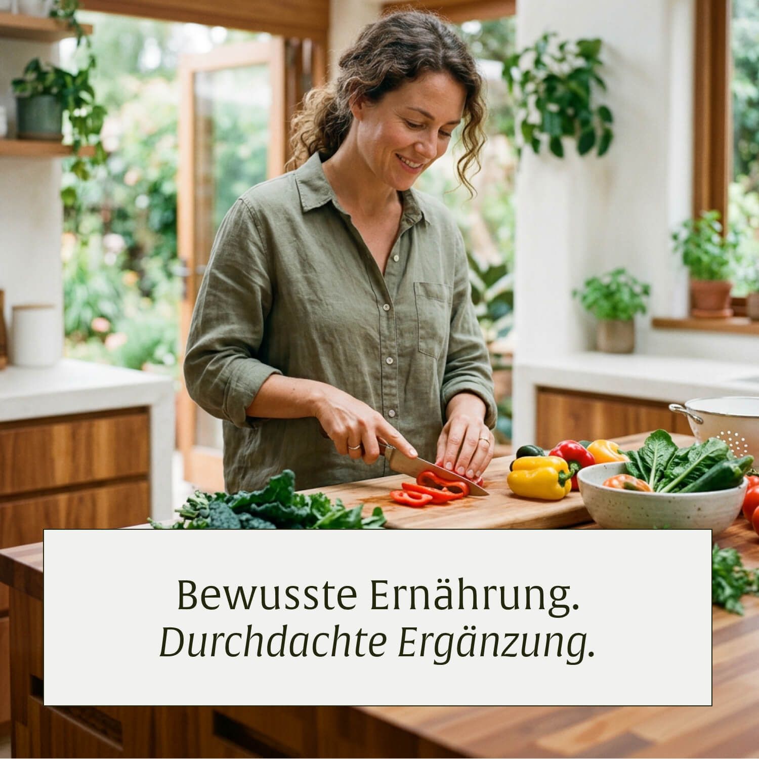 Frau bereitet in einer Küche frisches Gemüse zu, mit Text "Bewusste Ernährung."