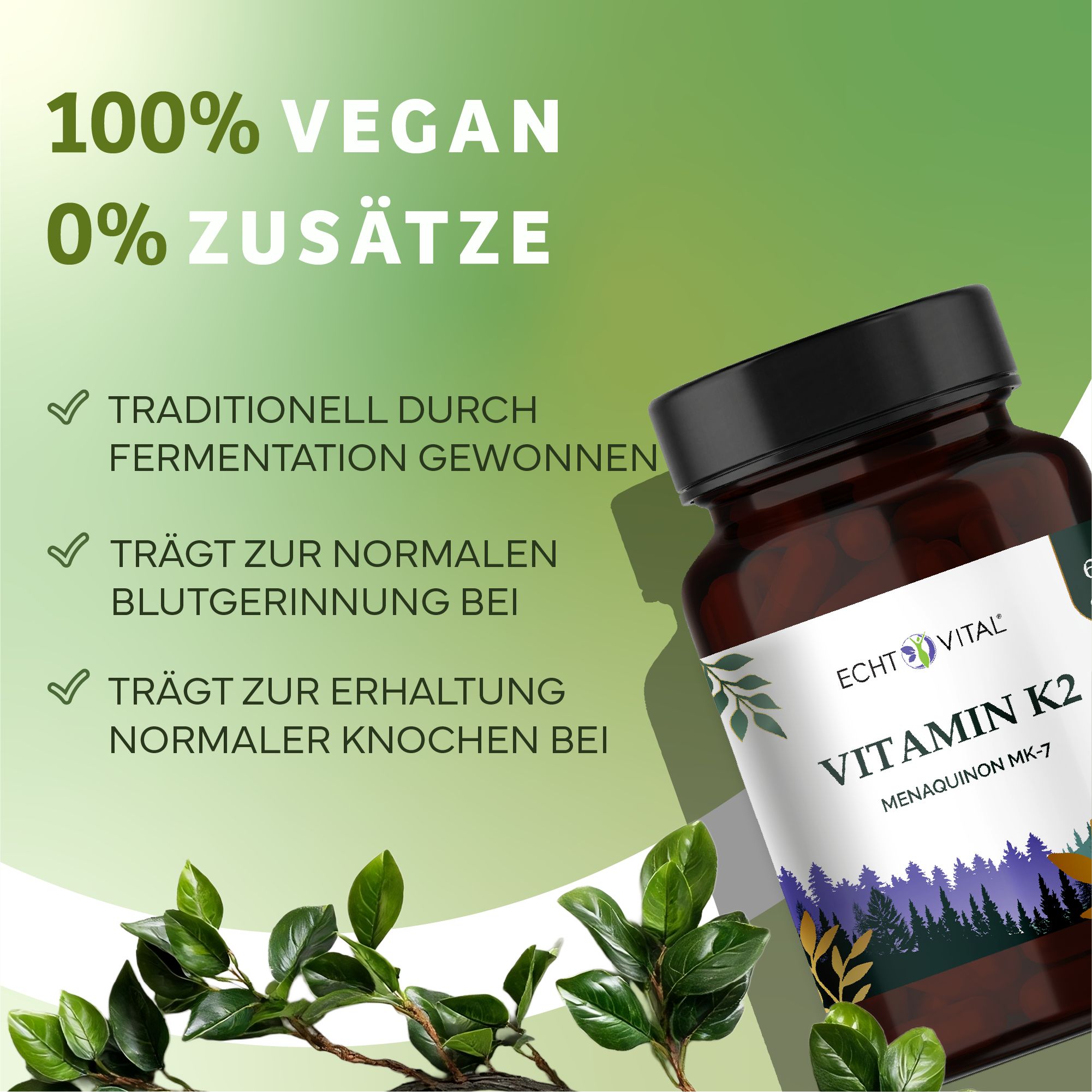 Braune Glasflasche mit schwarzem Deckel. Etikett mit "Echt Vital Vitamin K2". Grün-weißer Hintergrund mit Text: 100% vegan, 0% Zusätze.