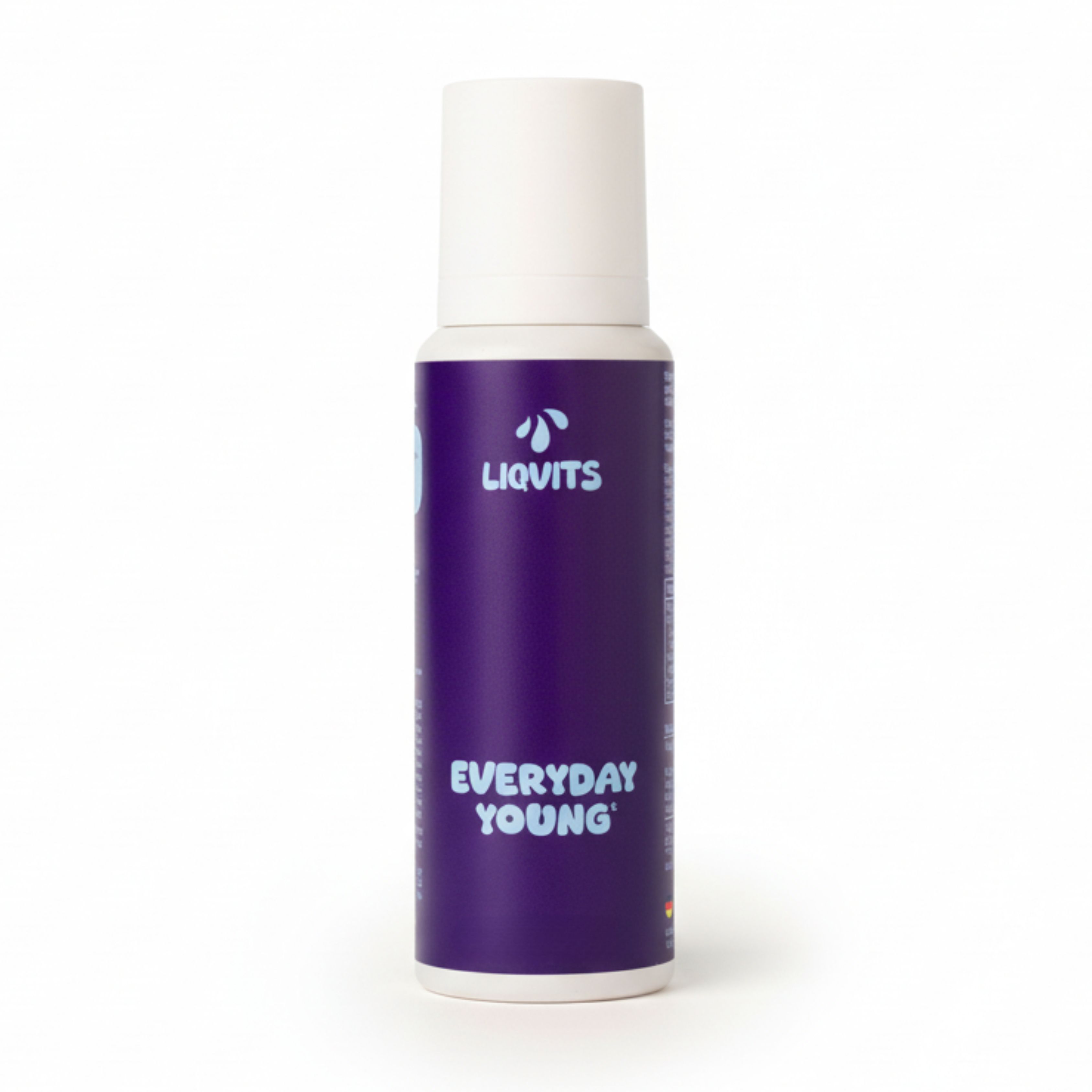 LiqVits Flasche. Lila Flasche mit weißem Deckel. Aufschrift: Everyday Young. Logo: Tropfen.