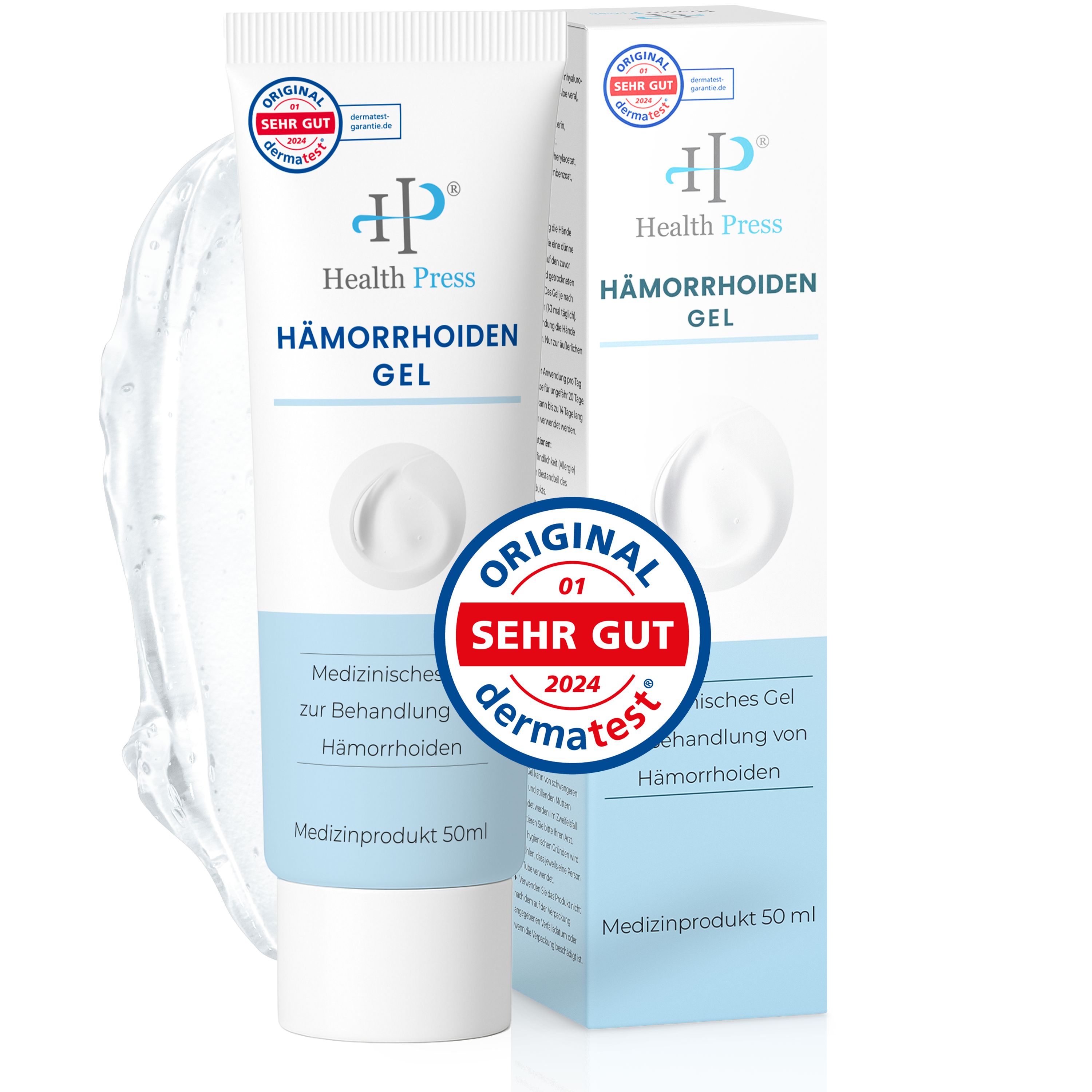 Health Press Hämorrhoiden Gel, Tube und Verpackung. Mit Dermatest-Siegel. Medizinprodukt.