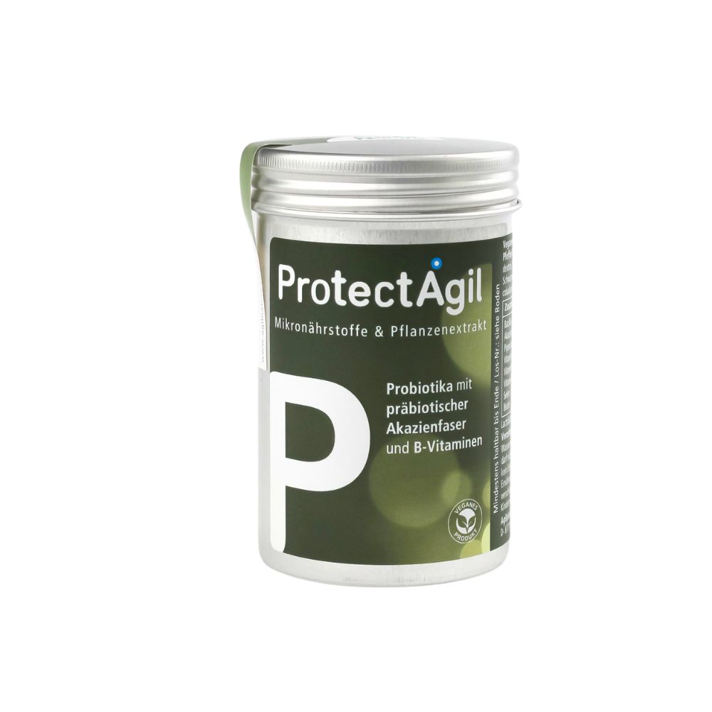 Dose ProtectAgil, stehend. Aufschrift: Mikronährstoffe & Pflanzenextrakt. Probiotika mit präbiotischer Akazienfaser und B-Vitaminen.