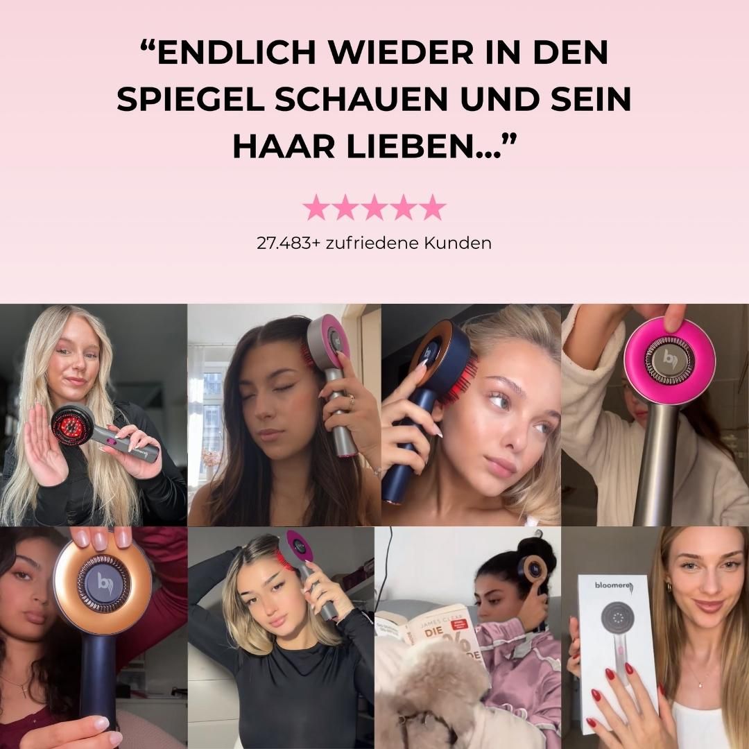 Collage von Frauen, die BloomScratch verwenden. Text: Endlich wieder in den Spiegel schauen und sein Haar lieben...