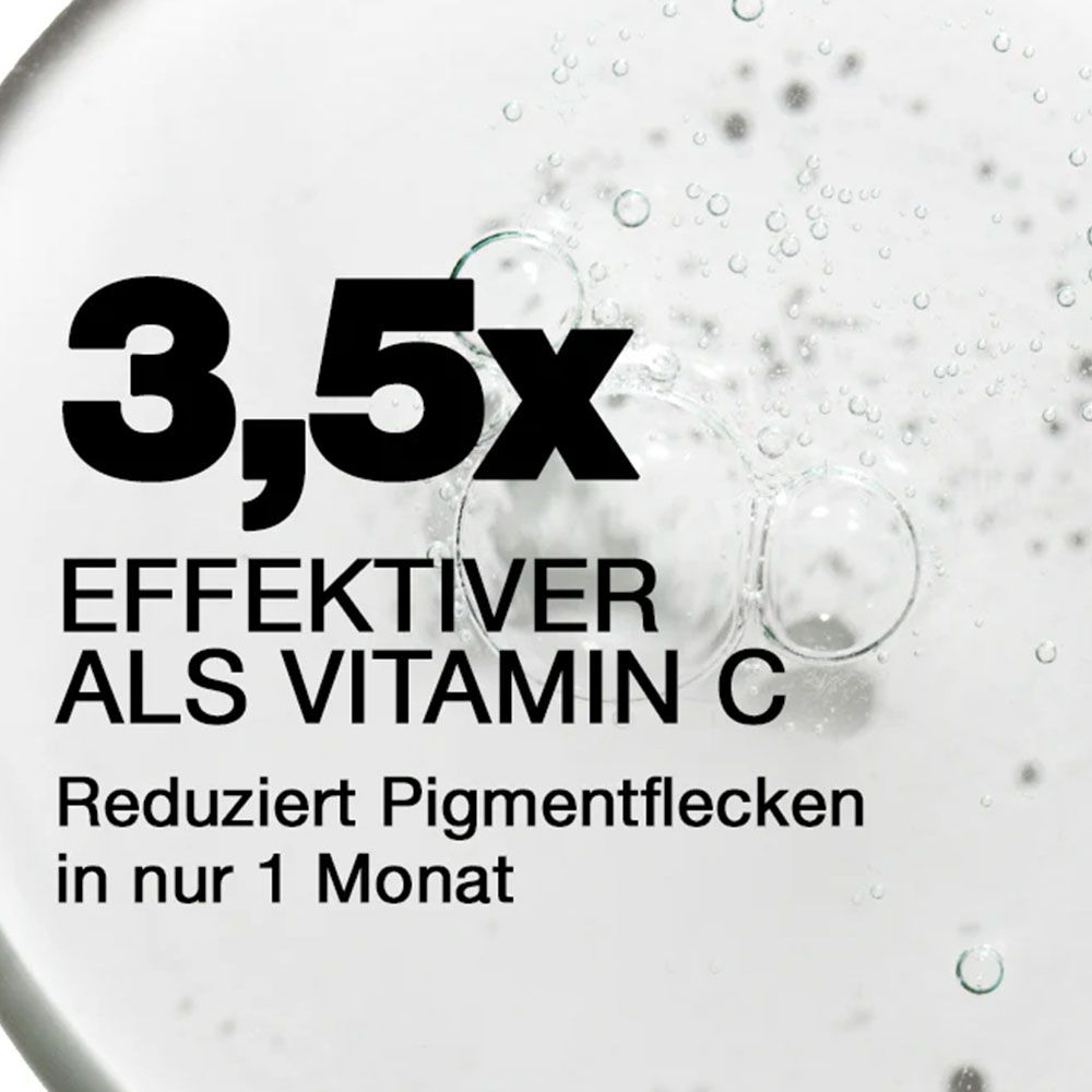 Text: '3,5x effektiver als Vitamin C'. Reduziert Pigmentflecken in 1 Monat.