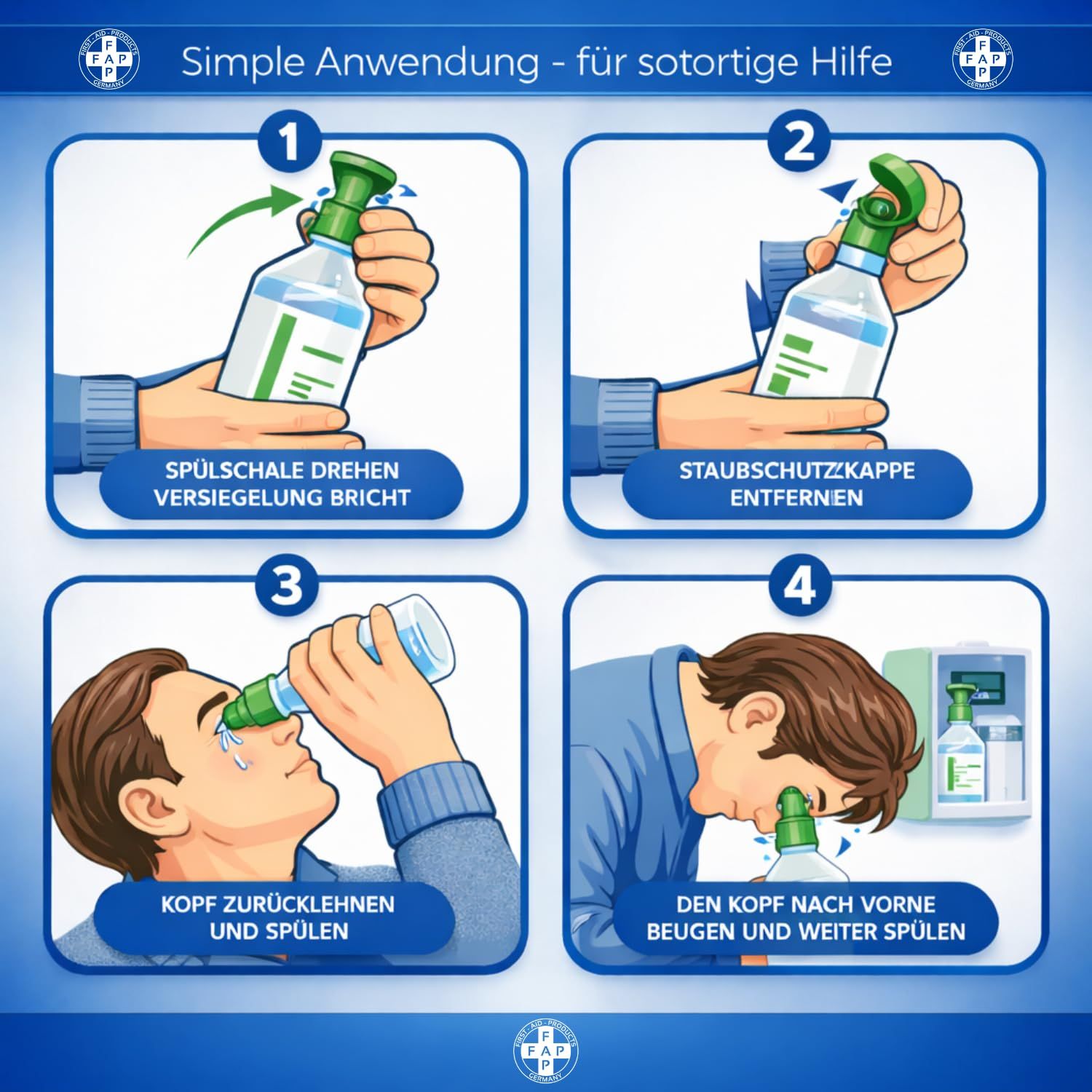 FAP First Aid Products Augenspülschrank - inkl. DIN 13157 + 2 x Augenduschen 500 ml NaCl & Phosphat