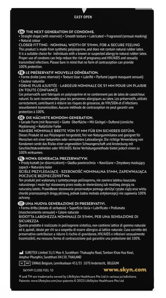 Schwarze Schachtel mit Text. Enthält Informationen zu Kondomen. Text: Die nächste Kondom-Generation, 51mm Breite, sicheres Gefühl.