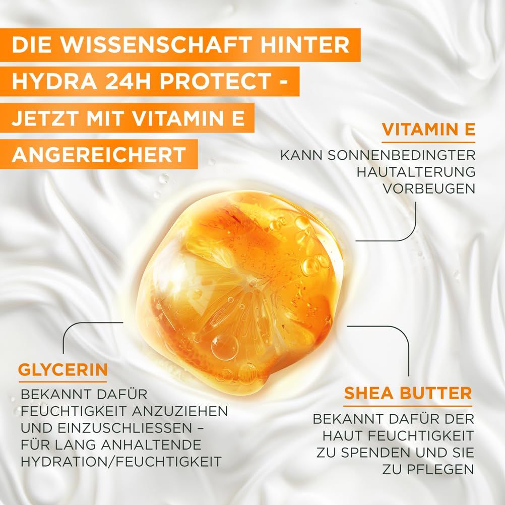 Nahaufnahme von Creme. Text: Vitamin E, Glycerin, Shea Butter. Garnier Hydra 24H Protect+.