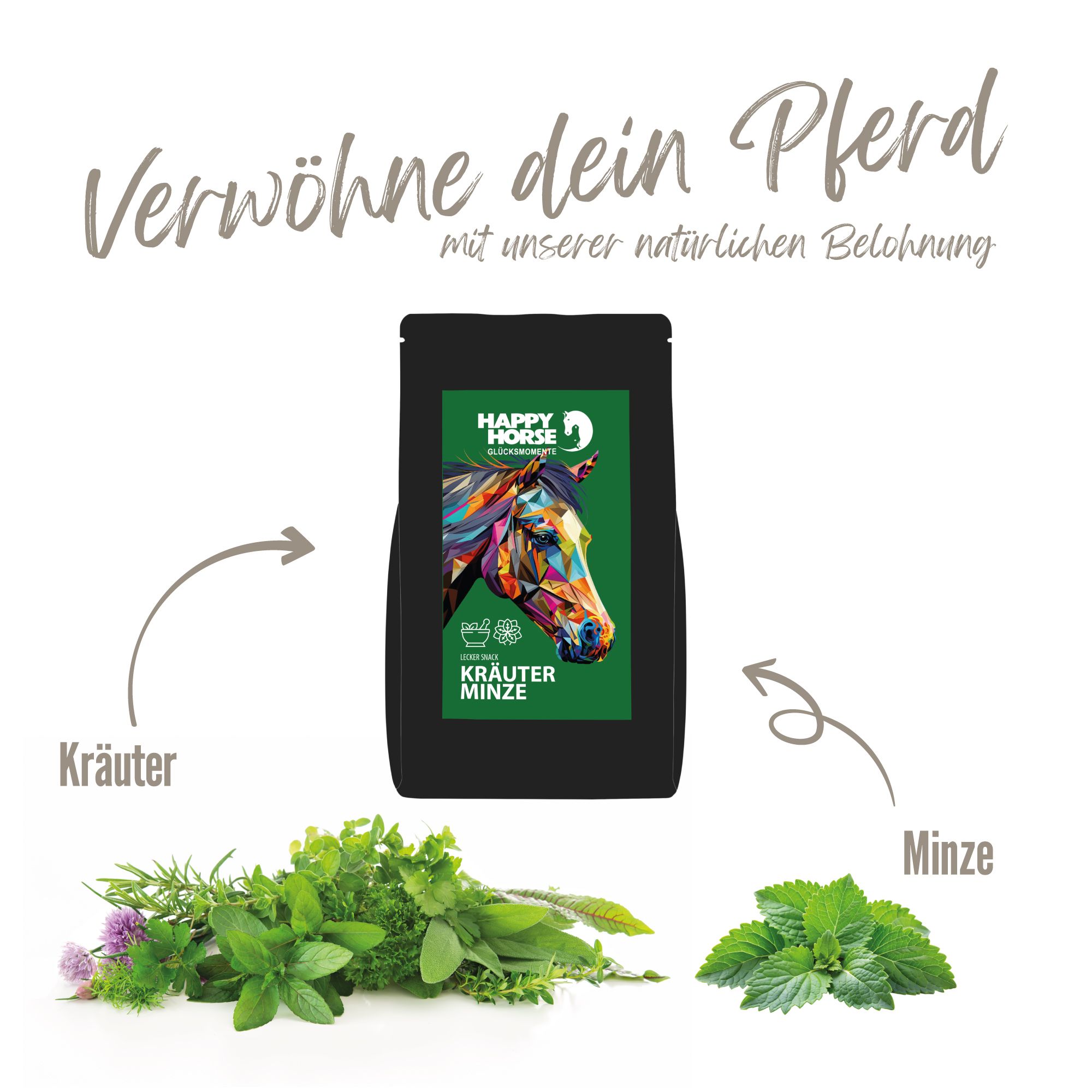 Schwarze Verpackung mit grünem Etikett. Kräuter und Minze neben Pfeilen. Text: Verwöhne dein Pferd.