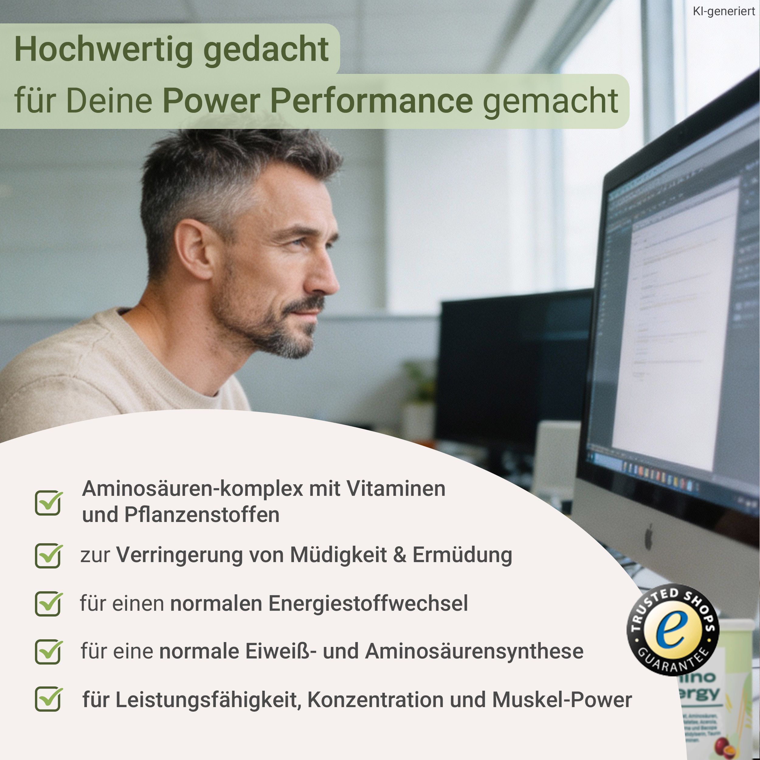 Mann am Schreibtisch blickt auf Monitor. Liste mit Vorteilen eines Aminosäuren-Komplexes. Dose mit 'Amino Energy' sichtbar.