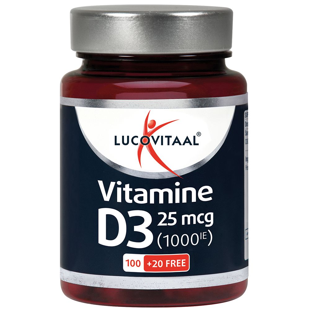 Braune Flasche Lucovitaal Vitamin D3 mit silbernem Deckel. Enthält 100+20 Kapseln. Logo und Produktinformationen auf dem Etikett.