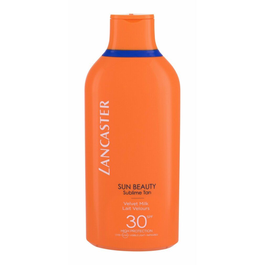 Orangefarbene Flasche mit Lancaster-Logo und Produktbezeichnung. Enthält SPF 30.
