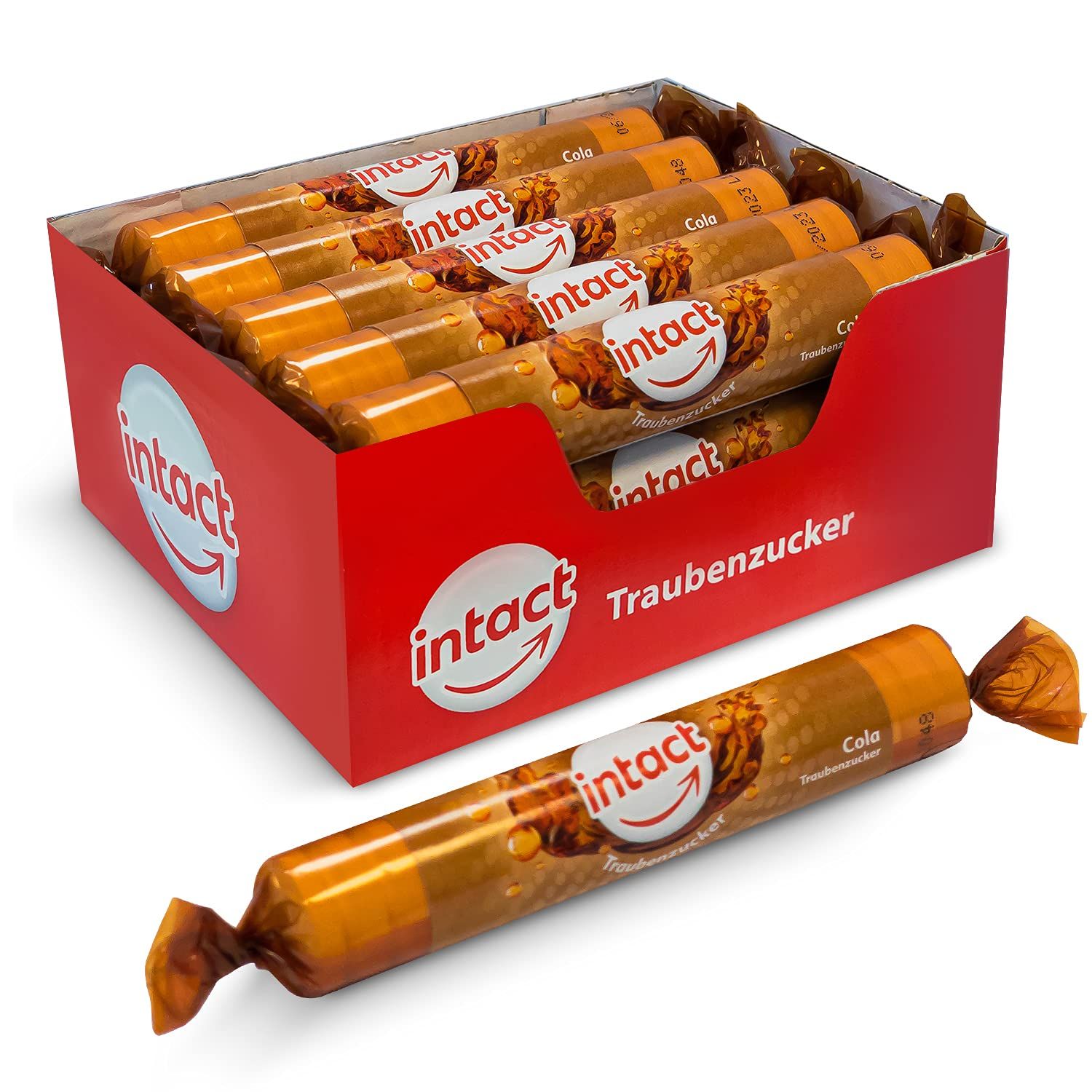 Offene rote Box mit mehreren Rollen Traubenzucker. Eine Rolle liegt davor. Aufschrift: intact Traubenzucker Cola.