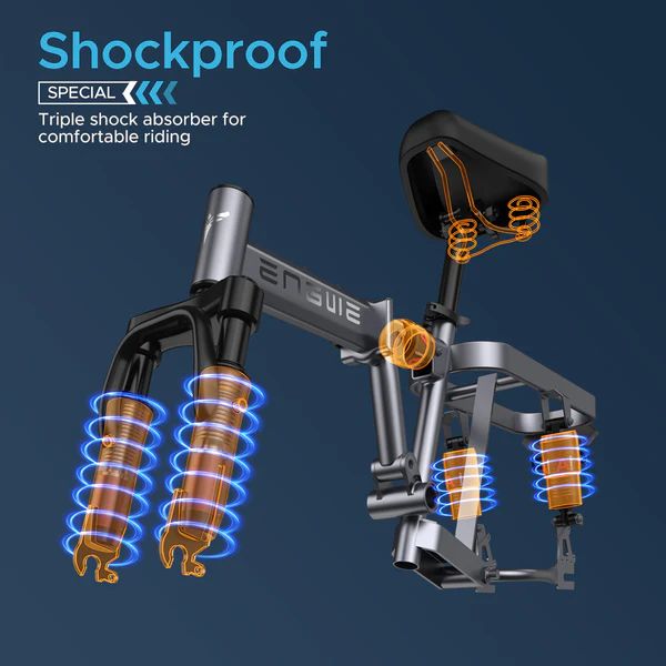 Explosionszeichnung des E-Bike-Federungssystems. Dreifach-Stoßdämpfer für komfortables Fahren. Orangefarbene Federn.