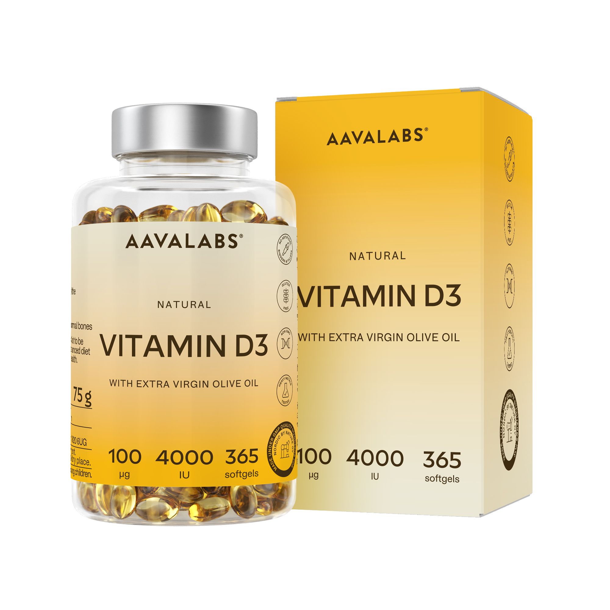 Vitamin D3-Flasche und Schachtel. Text: AAVALABS, Vitamin D3, 4000 IE, 365 Softgels. Gelbe Verpackung.