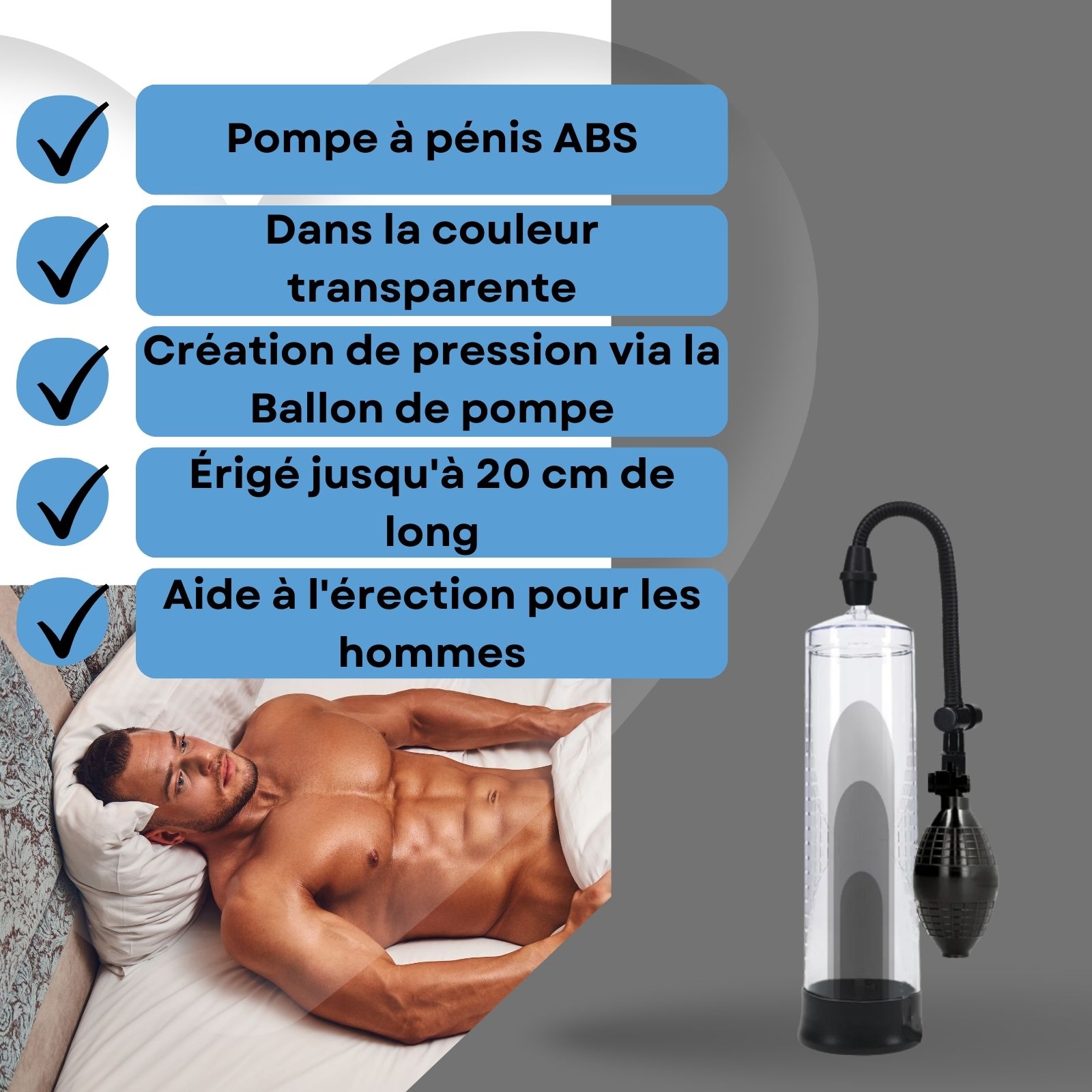 Pompe à pénis avec poire et texte. Homme au lit.