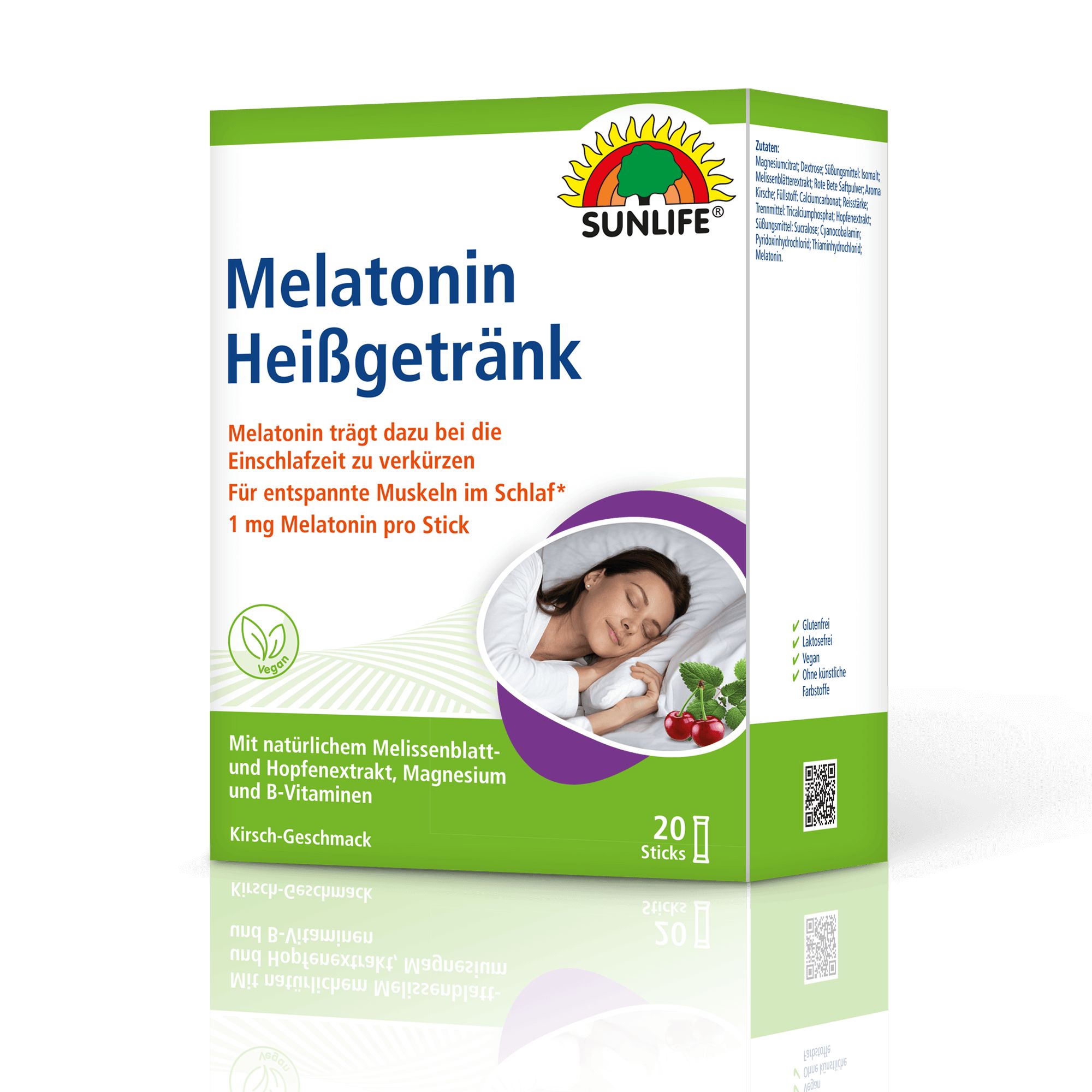 Verpackung von SUNLIFE® Melatonin Heißgetränk. Box mit Produktinformationen und Abbildung einer schlafenden Person. Kirschgeschmack.
