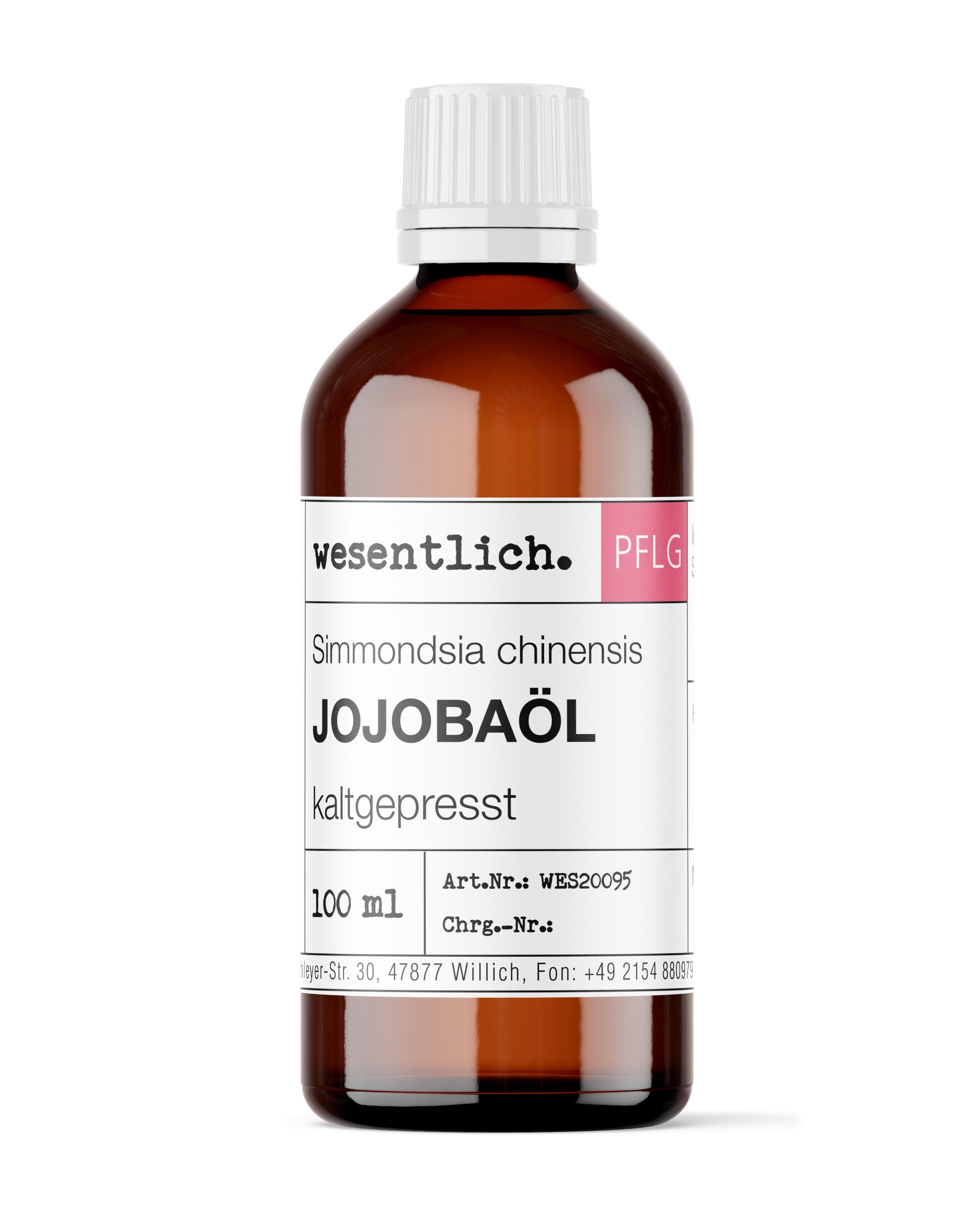 Braune Glasflasche mit weißem Schraubverschluss, gefüllt mit Jojobaöl. Etikett mit Produktinformationen.