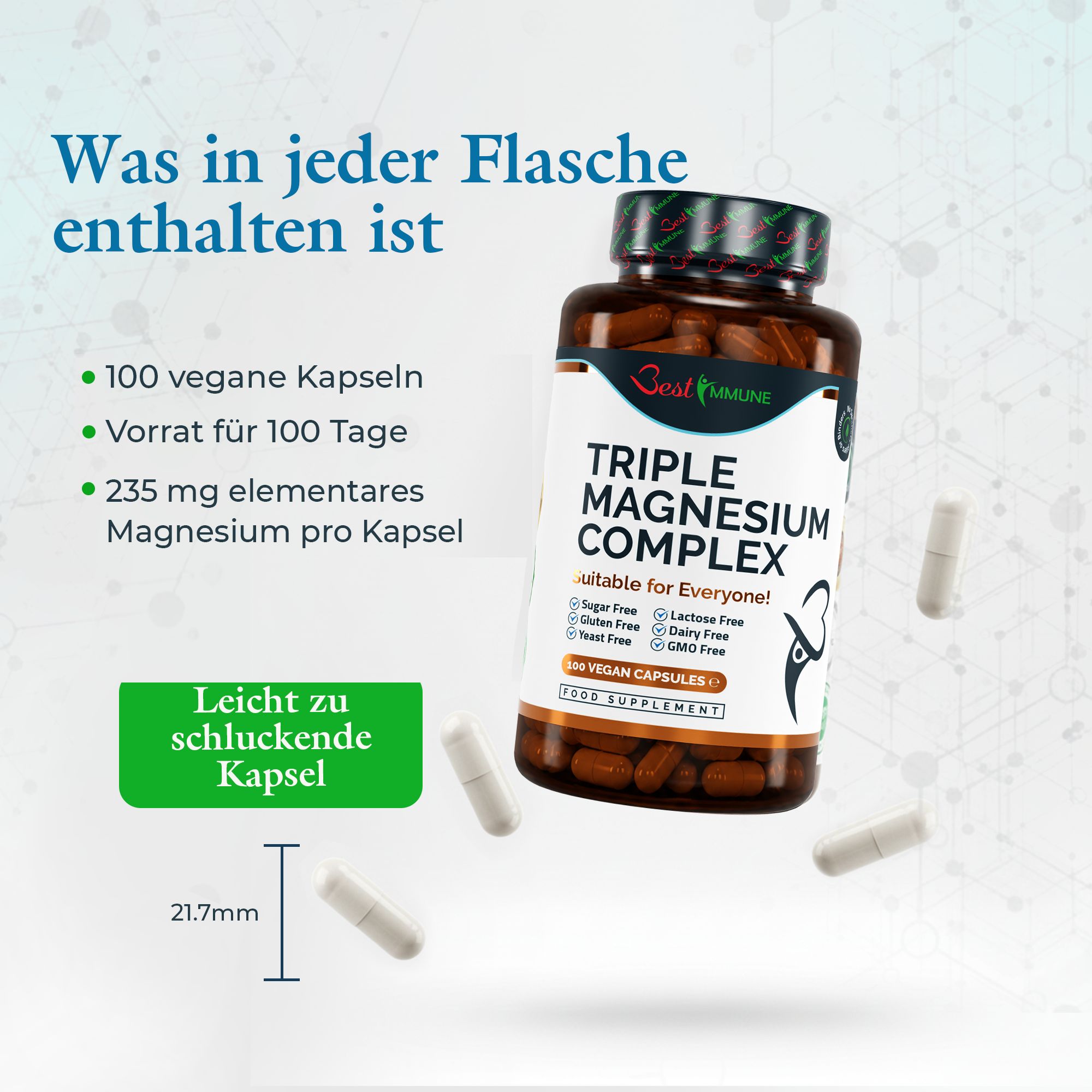 Flasche Triple Magnesium Complex mit Informationen: 100 Kapseln, 235mg elementares Magnesium. Kapsellänge 21.7mm.