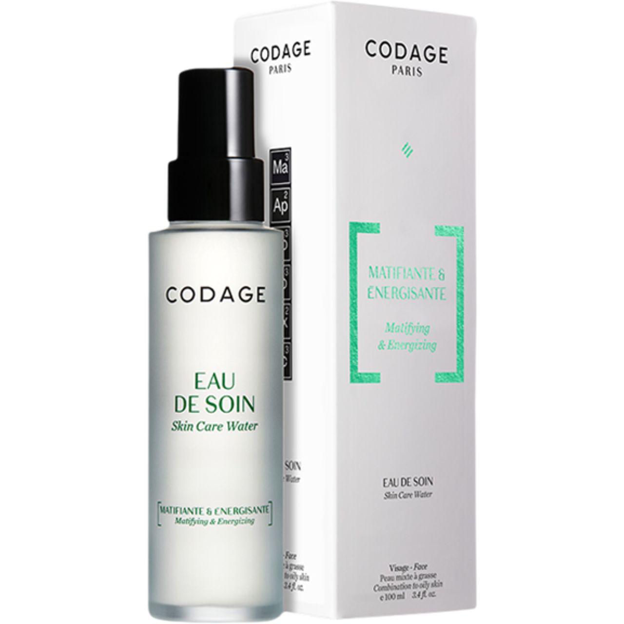 Codage Eau de Soin Flasche mit Sprühkopf und Verpackung. Aufschrift: Eau de Soin, Matifiante & Énergisante.