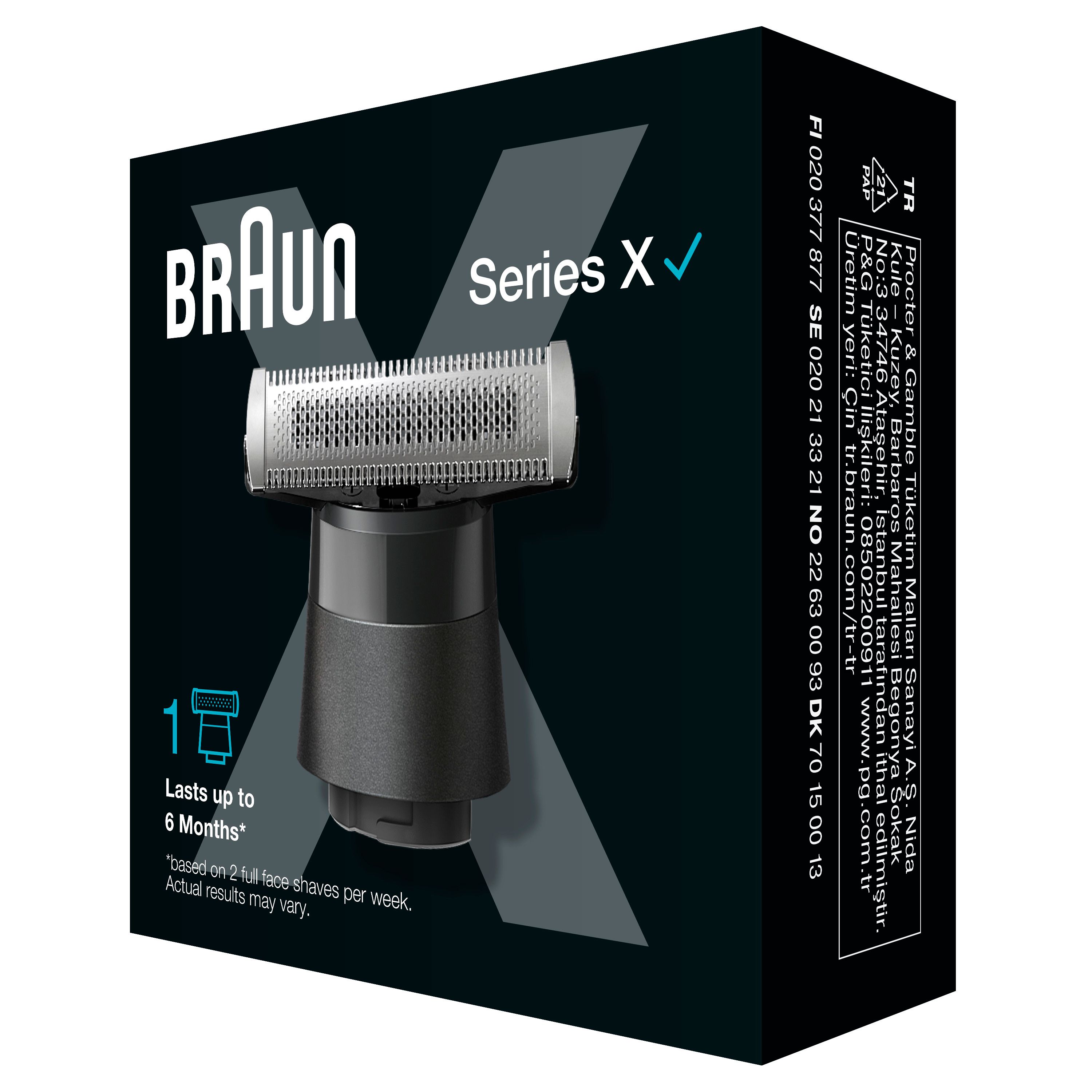 Braun Series X Scherkopf in Verpackung. Schwarze Verpackung. Text: Braun, Series X, 1, 6 Monate. Produktinformationen.