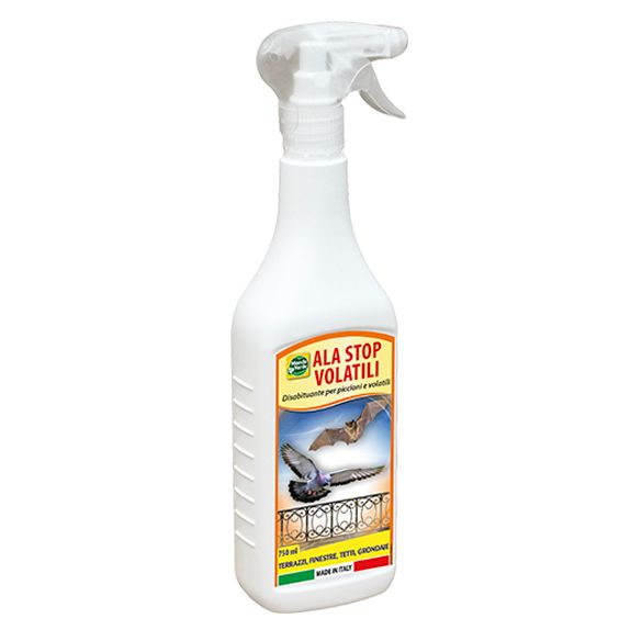 Mondo Verde Ala Stop Volatili, un repellente per uccelli in una bottiglia spray bianca da 750 ml. L'etichetta mostra il nome del prodotto, un'illustrazione di uccelli e pipistrelli e informazioni sul prodotto. La bottiglia è pronta all'uso.