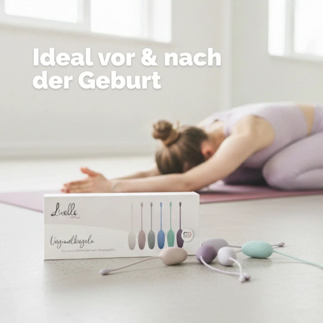 Eine Frau liegt auf einer Yogamatte. Eine Schachtel mit farbigen Vaginalkugeln liegt daneben. Der Markenname "Livella" ist sichtbar.