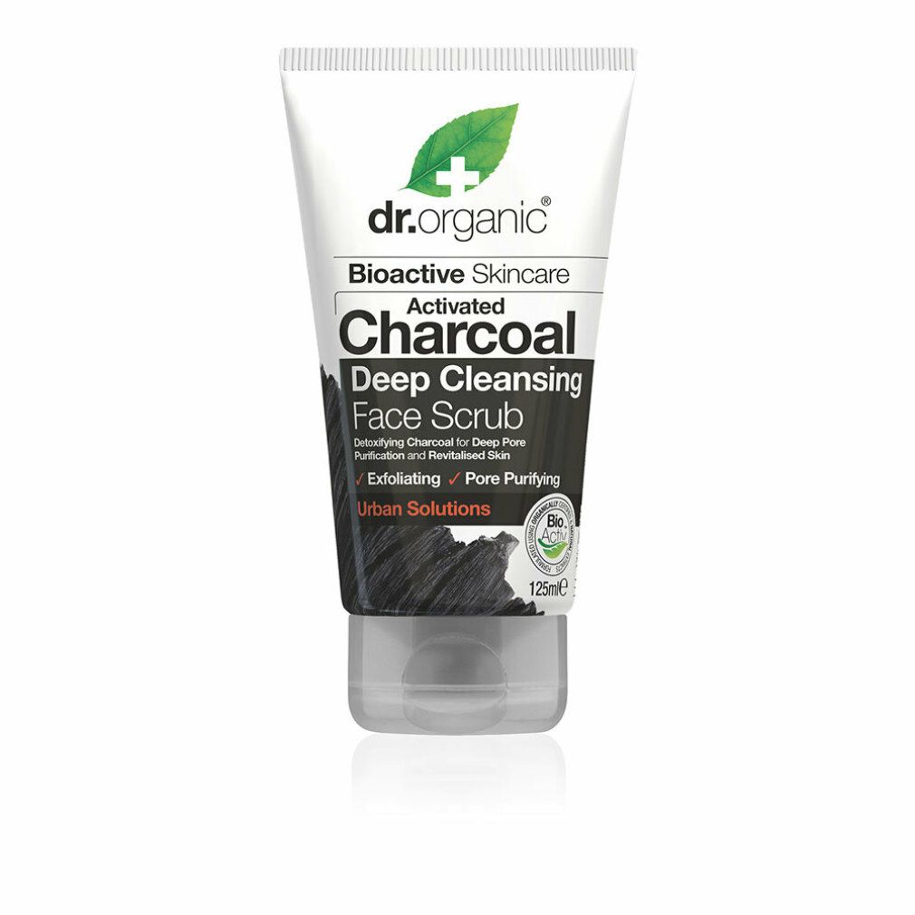 Weisse Tube mit schwarzem Gesichtspeeling. Aufschrift: Dr. Organic, Charcoal, Deep Cleansing Face Scrub. Bio-Siegel.