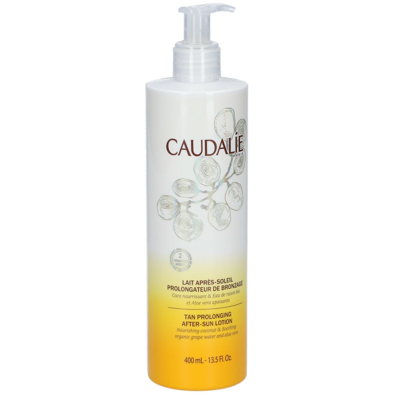 Flacon blanc avec pompe. Logo CAUDALIE. Lait Après-Soleil. Tan Prolonging After-Sun Lotion. 400 ml.