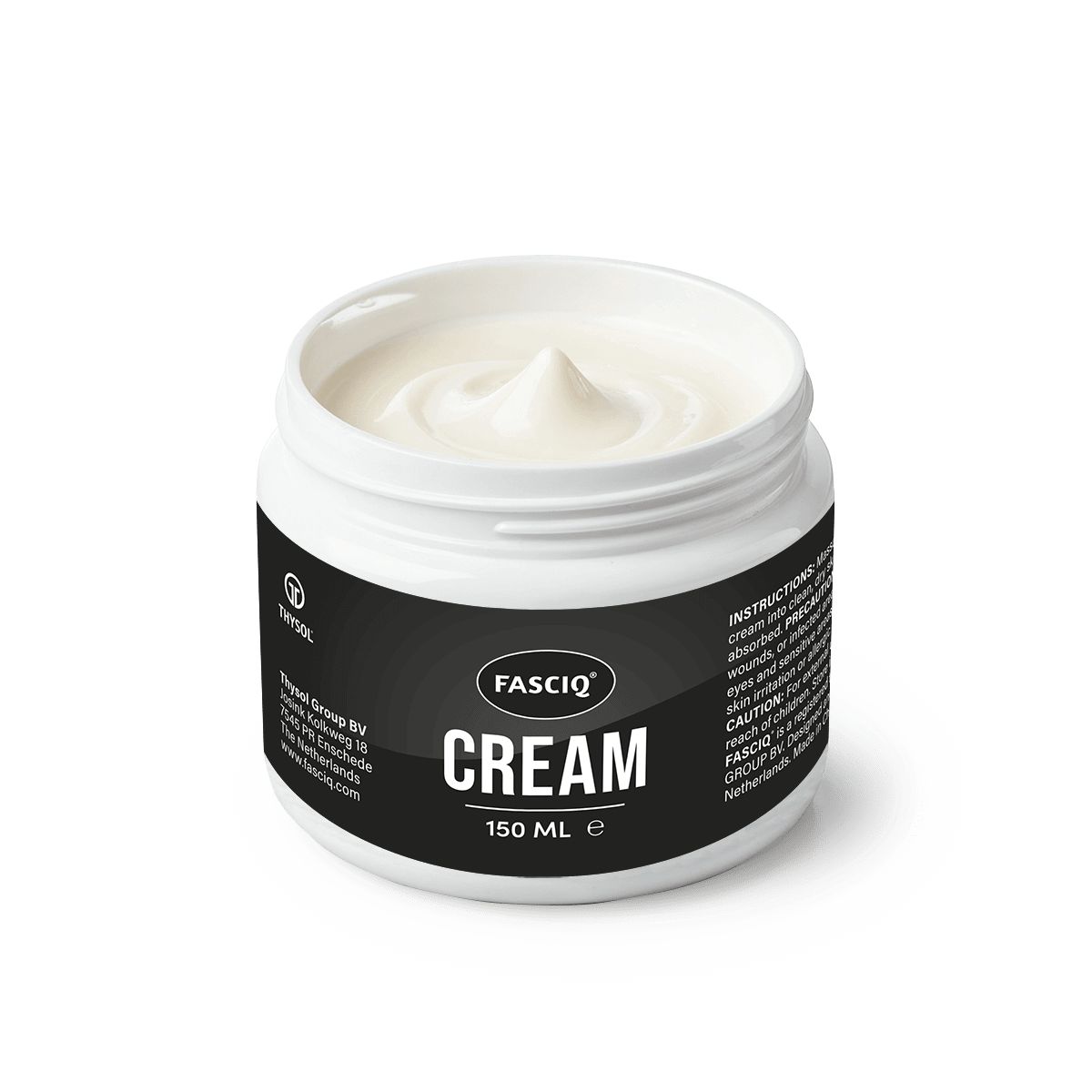 Weißes Creme in einem offenen Tiegel. Schwarzes Etikett mit "FASCIQ" und "CREAM". 150 ml. Anweisungen auf der Seite.
