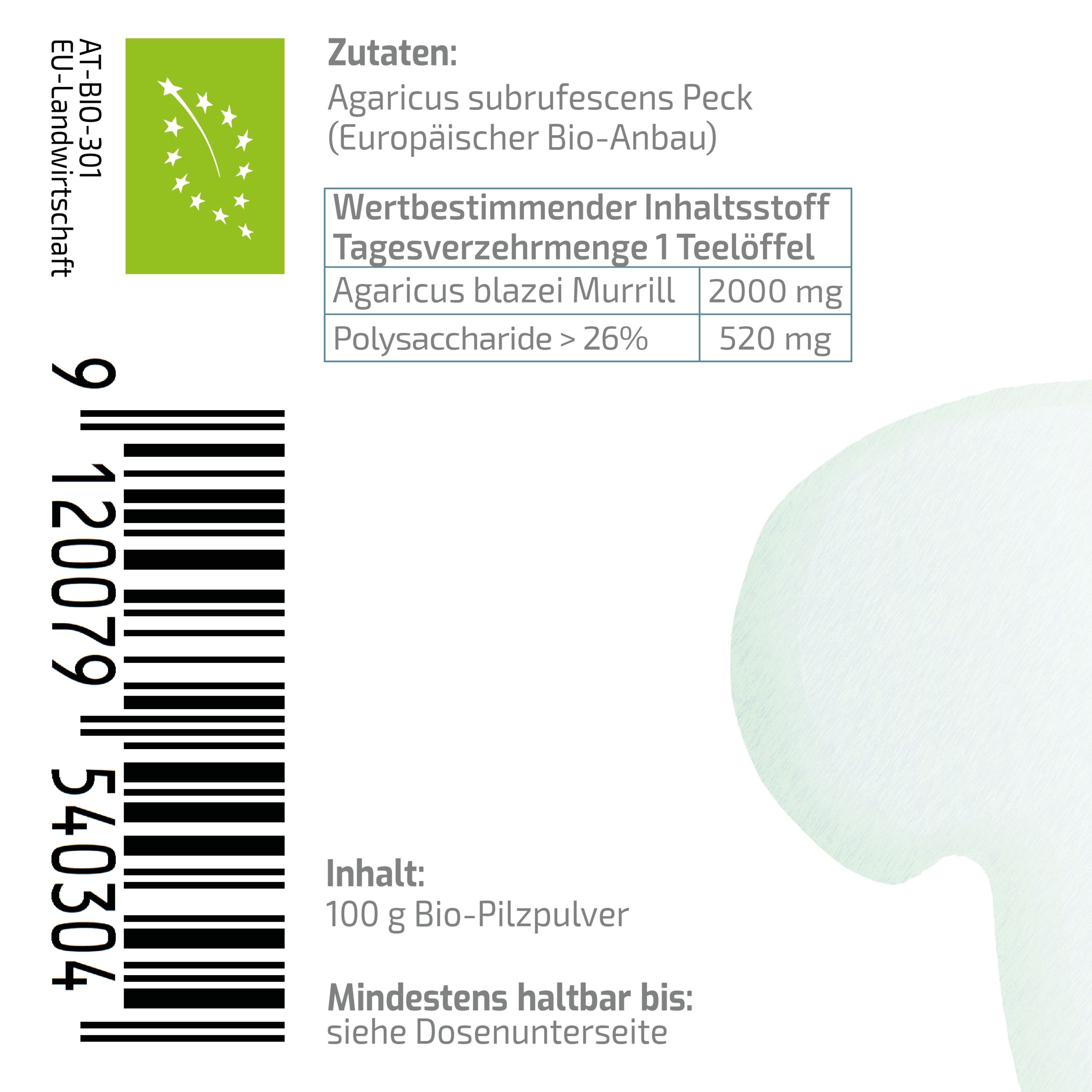 BEAUVITAL® Pure Bio Mandelpilz Pulver, (Agaricus blazei Murrill) aus EU-Anbau