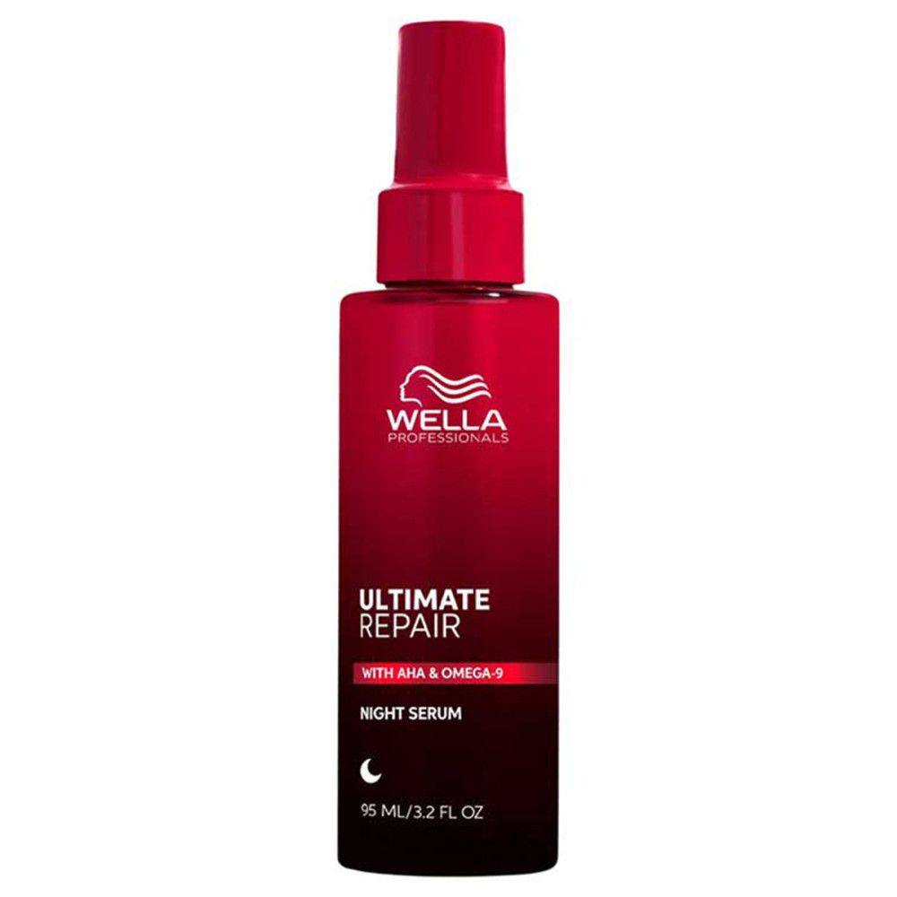 Rote Flasche mit Serum. Aufschrift: Wella Ultimate Repair Night Serum. Mit AHA & Omega-9. Mondsymbol.