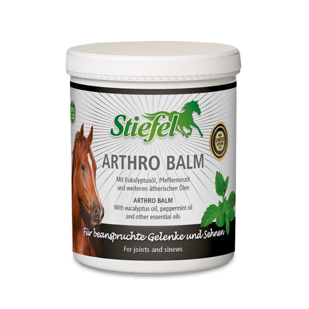 Weißer Tiegel mit Deckel. Aufschrift: Stiefel Arthro Balm. Enthält Eukalyptusöl, Pfefferminzöl. Für beanspruchte Gelenke und Sehnen.