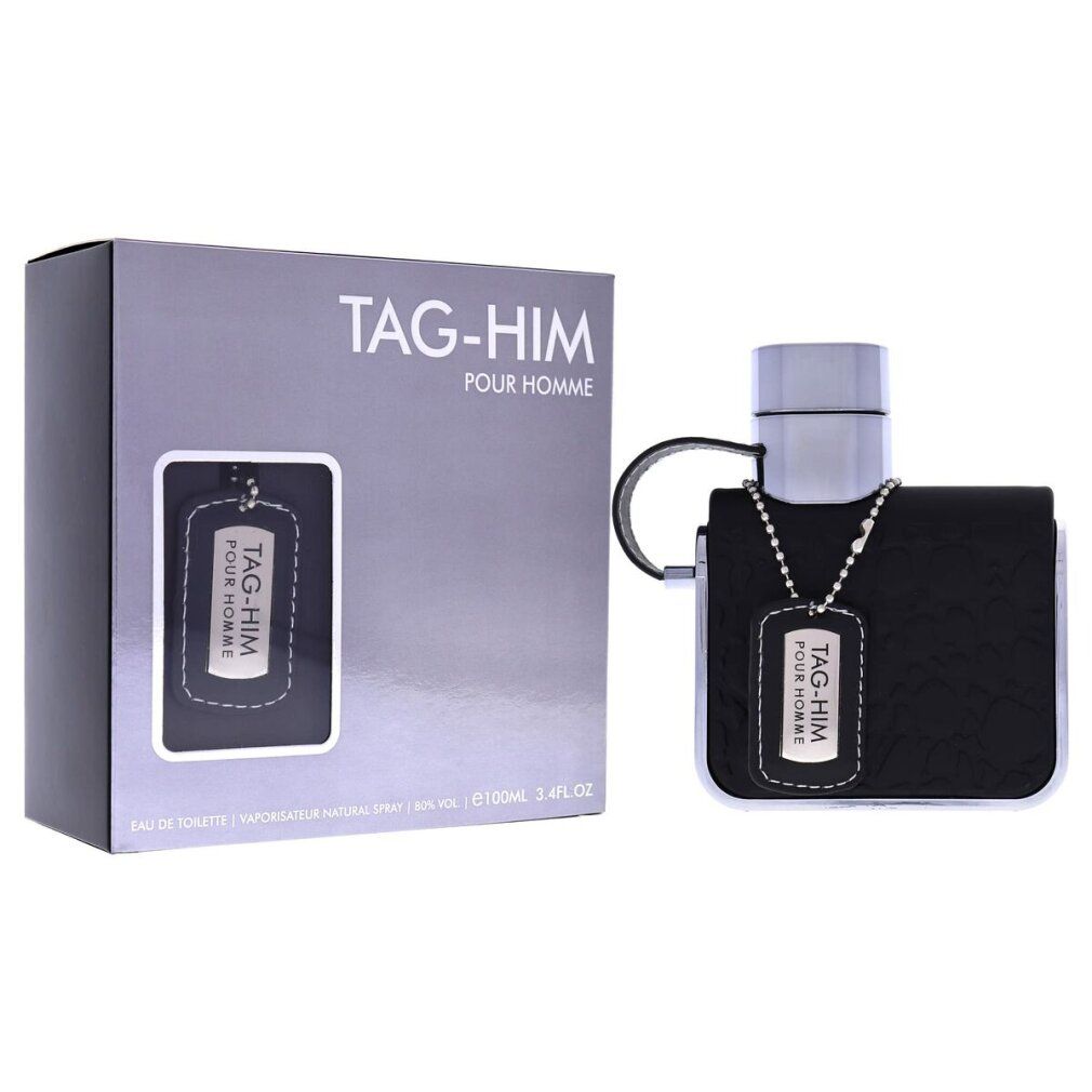 Schwarzer Flakon mit silberner Kappe und Anhänger. Verpackung mit Produktnamen. "TAG-HIM POUR HOMME" steht auf dem Etikett.