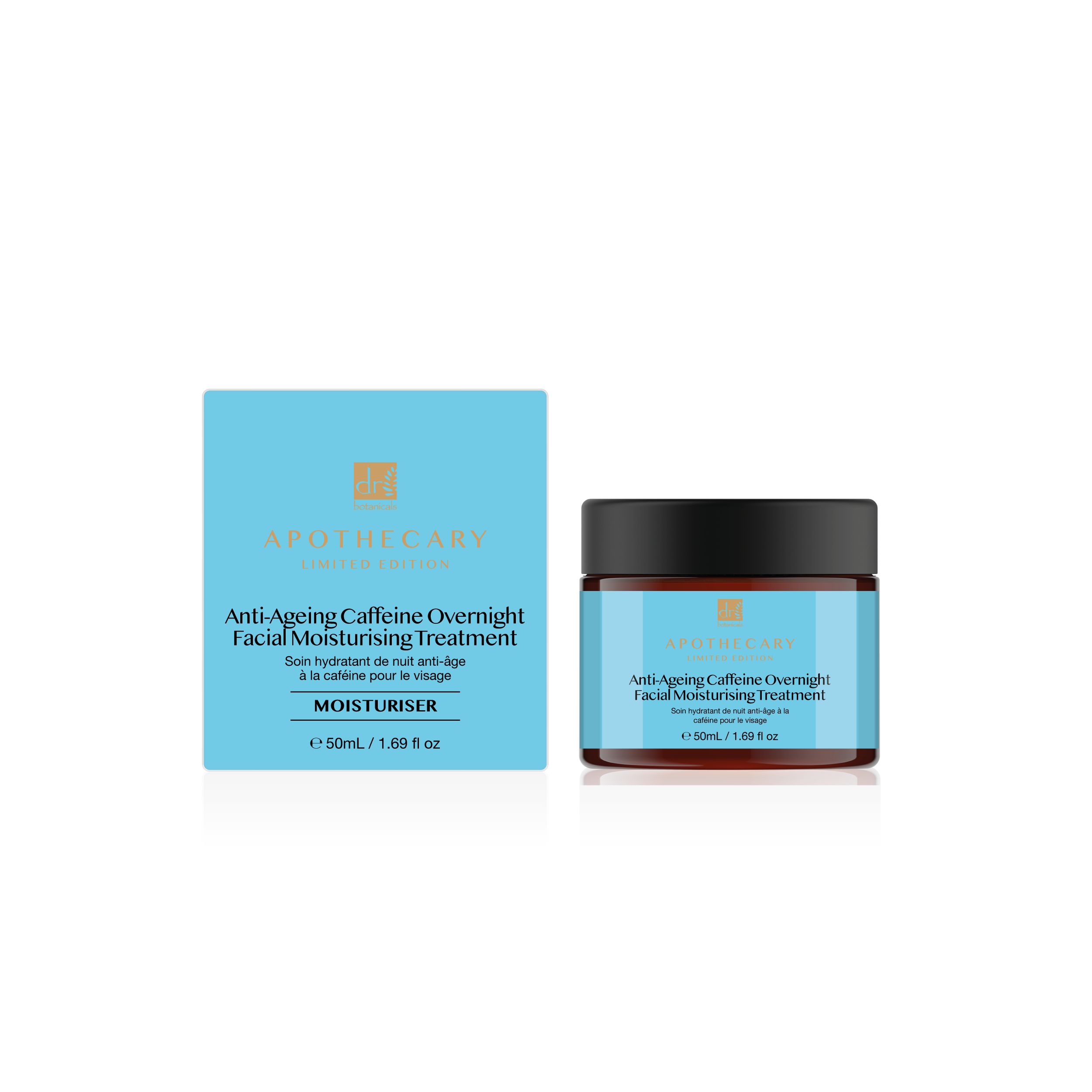 Tiegel und Schachtel mit Aufschrift "Anti-Ageing Caffeine Overnight Facial Moisturising Treatment".
