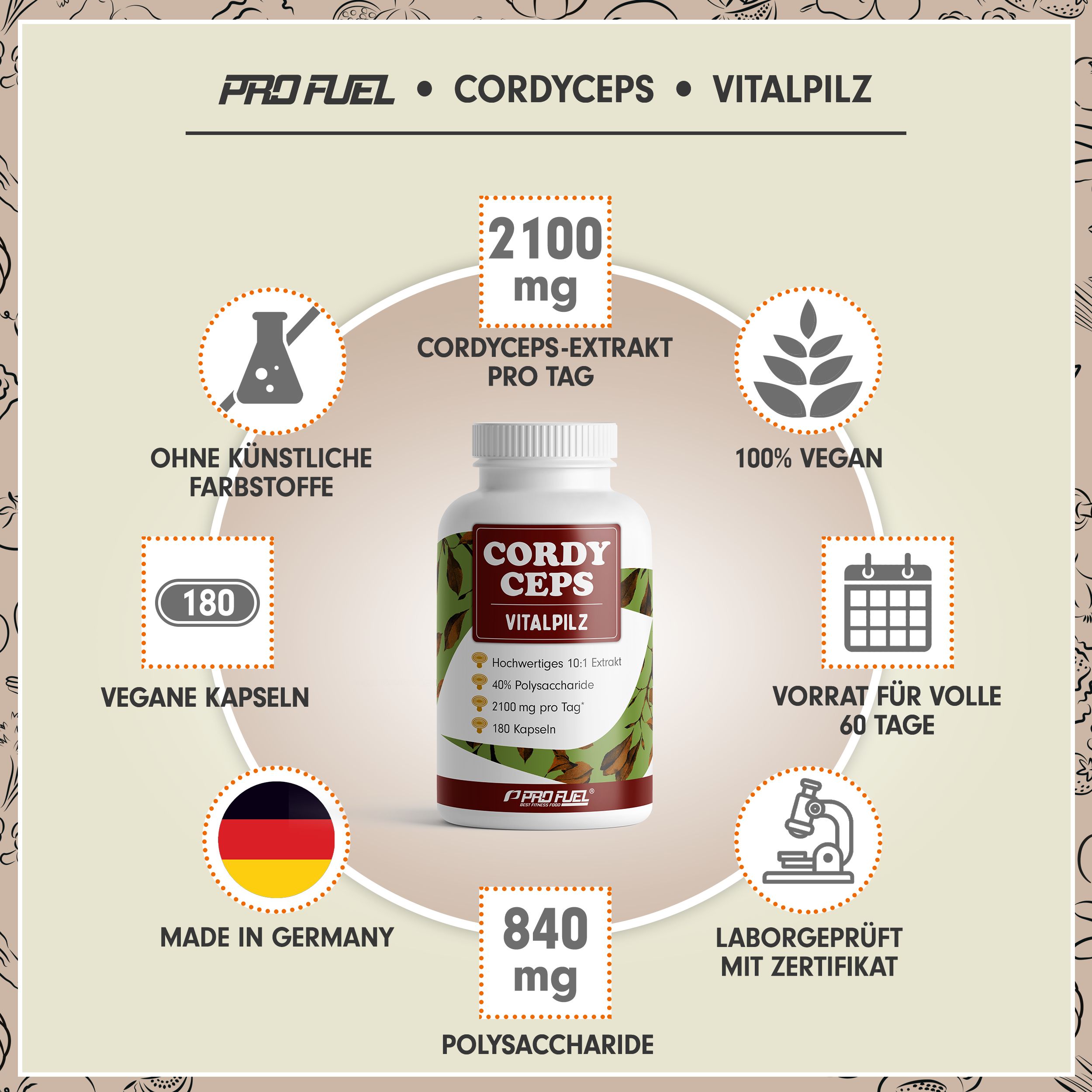 Profuel - Cordyceps Kapseln 180x - 2100 mg Vitalpilz-Extrakt aus Cordyceps sinensis - 540 Kapseln