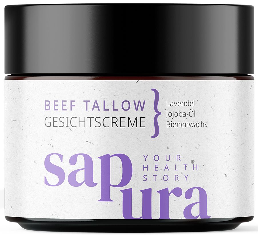Tiegel mit schwarzem Deckel. Auf dem Etikett steht "Beef Tallow Gesichtscreme", "Lavendel", "Jojoba-Öl", "Bienenwachs" und "sapura".