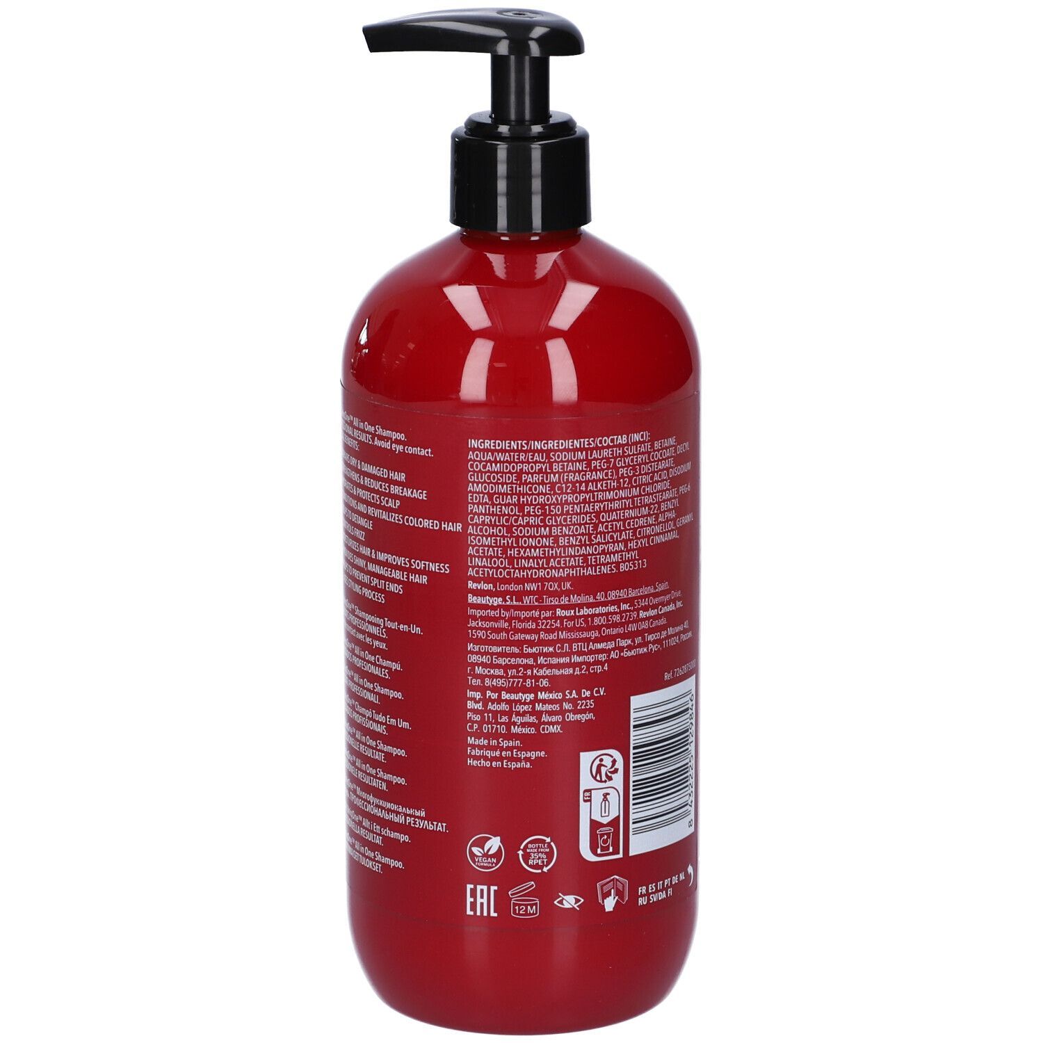 Rote Shampoo-Flasche mit schwarzem Pumpkopf. Rückseite mit Inhaltsstoffen und Text.
