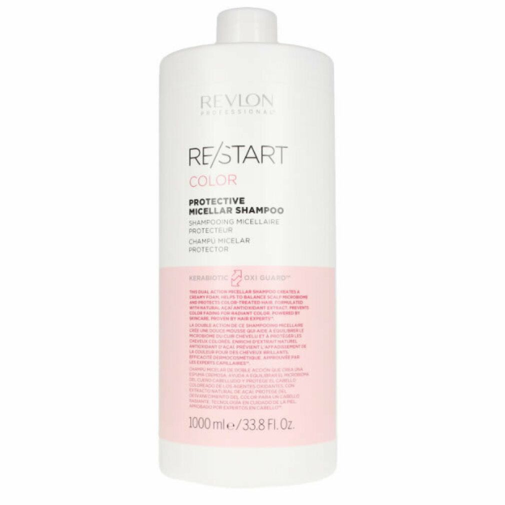 Weißer Shampoo-Behälter mit rosa Etikett. Aufschrift: Revlon, Re/Start Color, Protective Micellar Shampoo. 1000ml/33.8 fl oz.