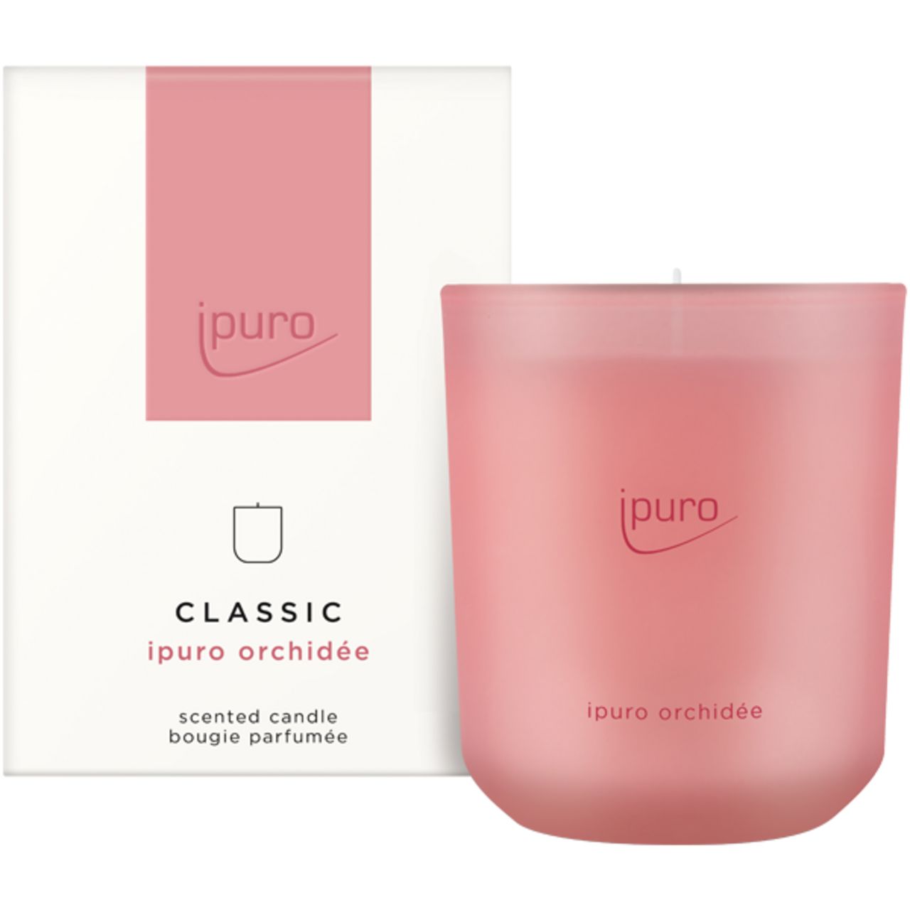 Rosa Duftkerze und Verpackung. Aufschrift: Ipuro, Classic Orchidee. Kerze im Glas.
