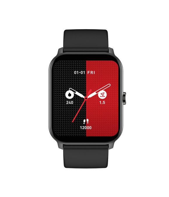 Schwarze Smartwatch mit quadratischem Zifferblatt. Zeigt Fitnessdaten an. Schwarzes Armband.