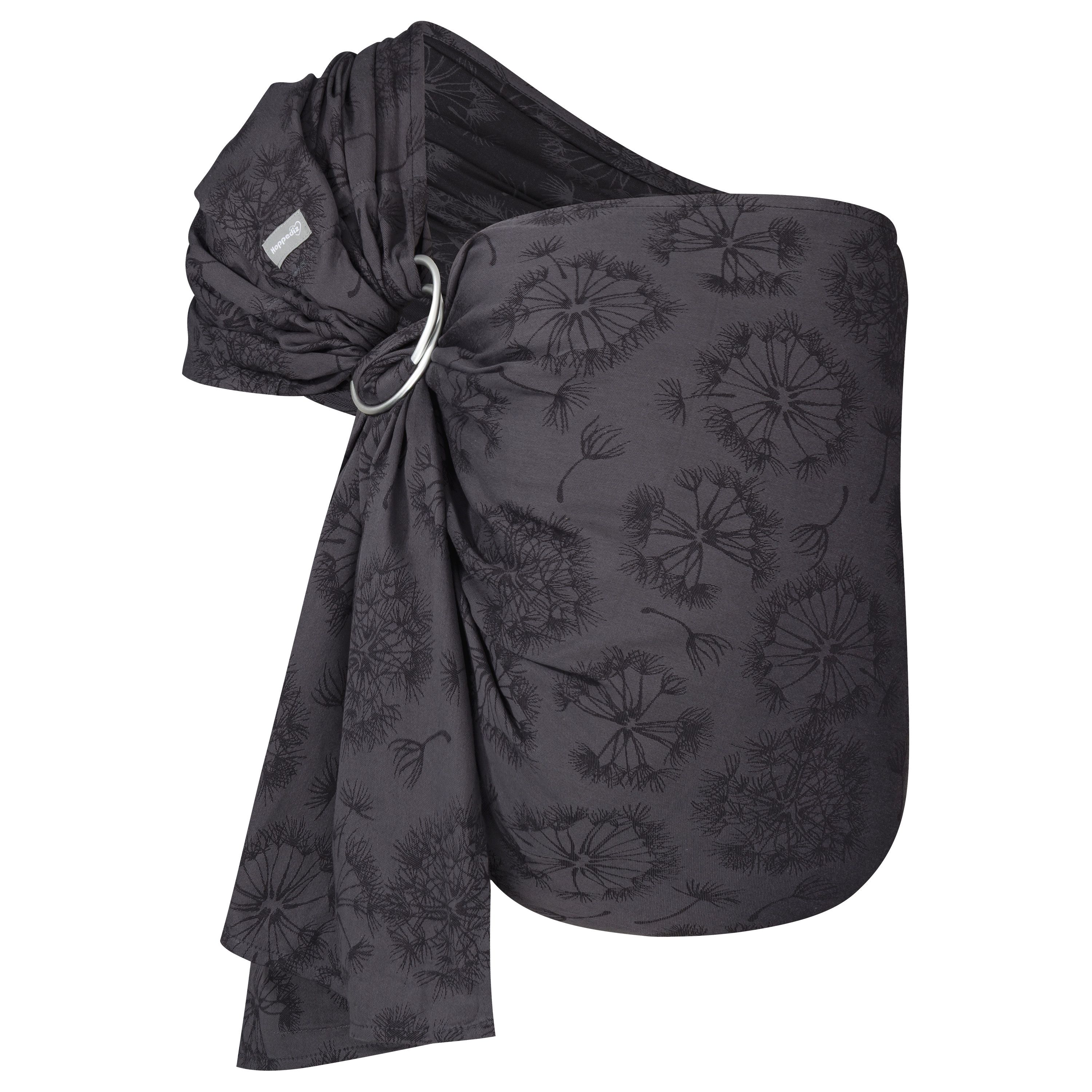 Ring-Sling mit floralem Muster. Dunkelgrauer Stoff, Metallring. Stoff mit Muster von Pusteblumen.