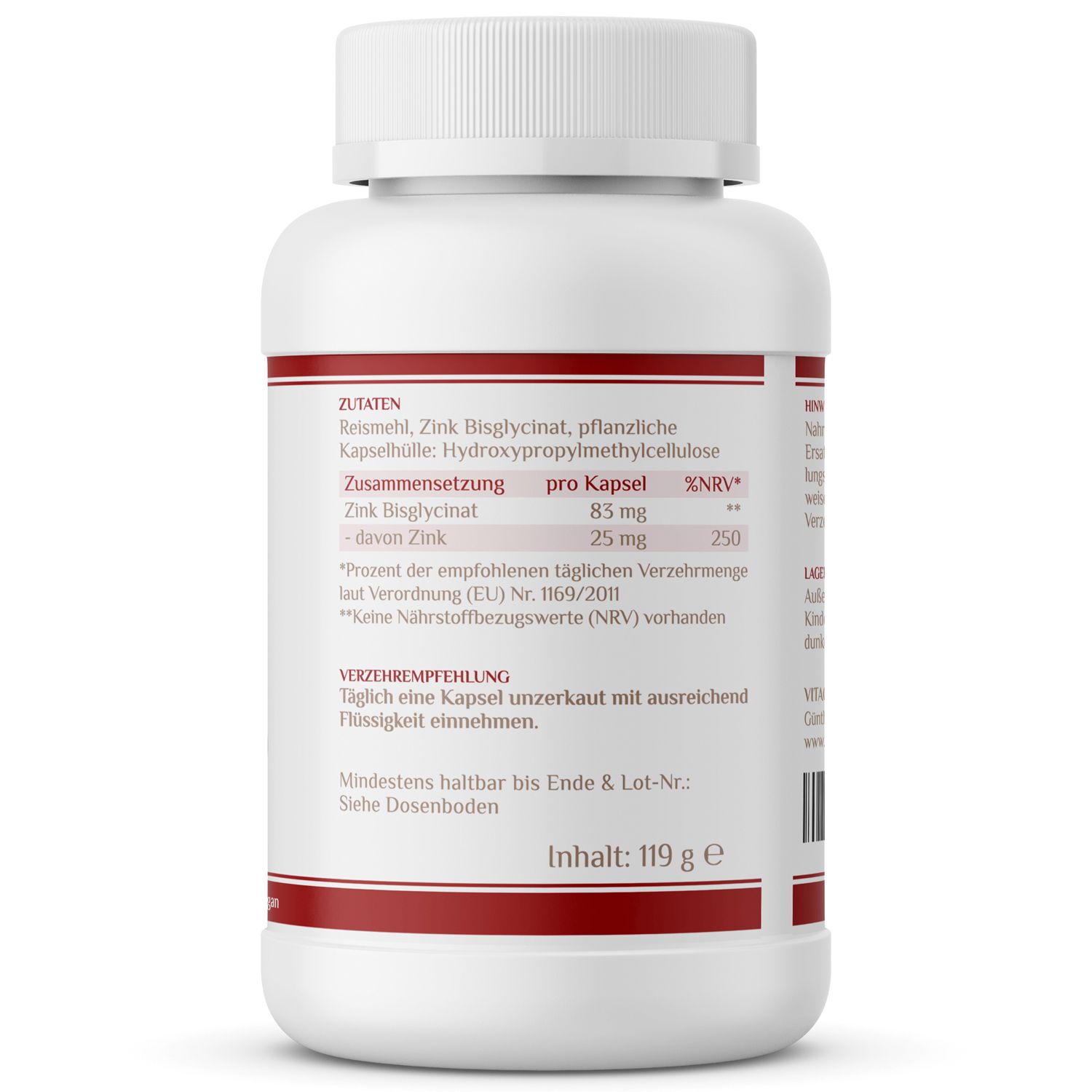 Rückseite einer weißen Flasche. Roter Streifen. Text: Zutaten, Zusammensetzung, Verzehrempfehlung. Inhalt: 119 g.