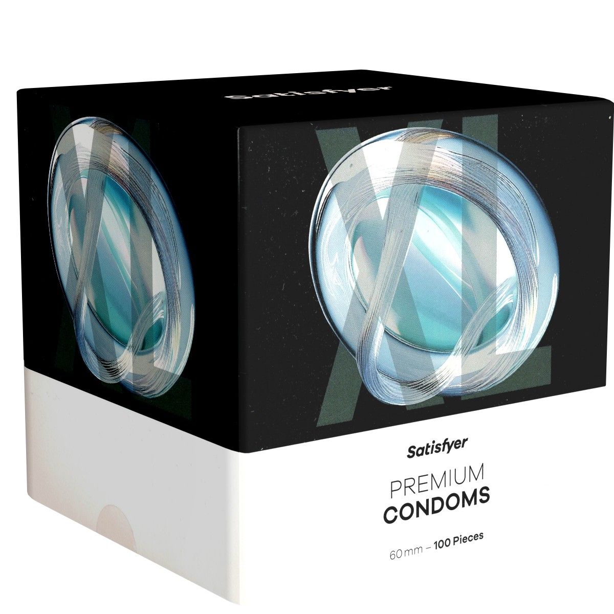Verpackung von Satisfyer Premium Kondomen. Schwarzer Deckel mit abstraktem Design, weißer Boden. Aufschrift: PREMIUM CONDOMS, 60 mm - 100 Stück.