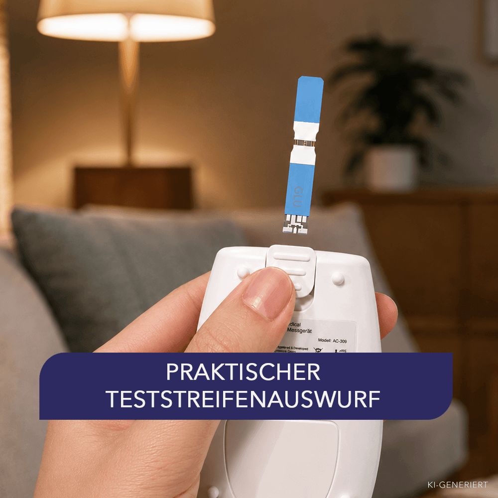 Nahaufnahme des Einführens eines Teststreifens in ein Blutzuckermessgerät.
