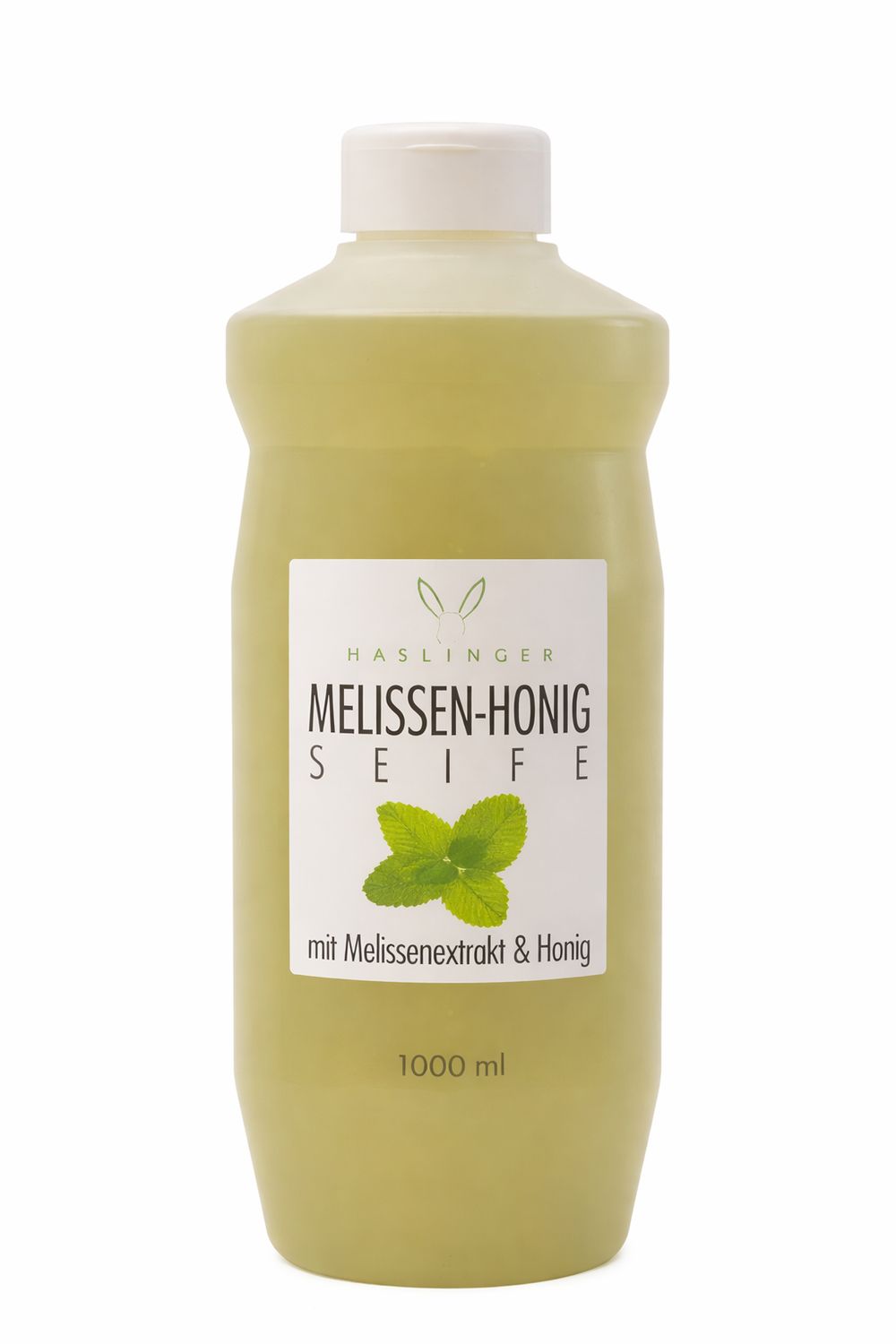 Flüssigseife-Nachfüller mit weißem Etikett. Aufschrift: Melissen-Honig Seife, mit Melissenextrakt & Honig. 1000 ml.