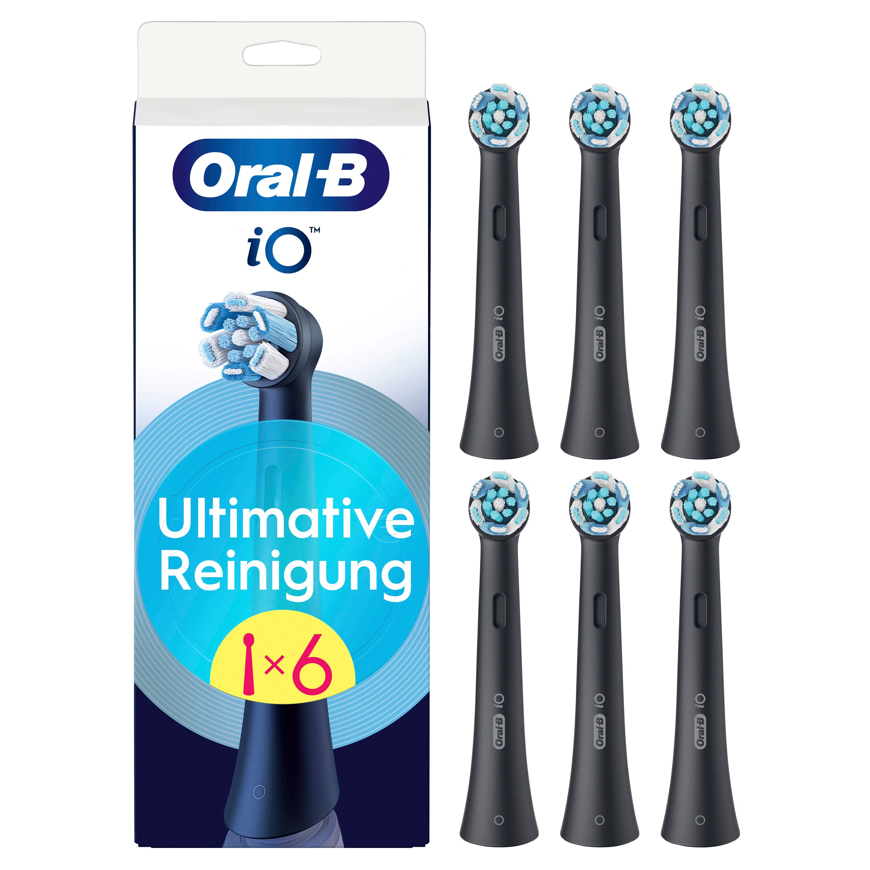 Oral-B iO Ultimative Reinigung Aufsteckbürsten. 6 Stück. Schwarze Bürsten mit blauen Borsten. Verpackung mit Produktabbildung.